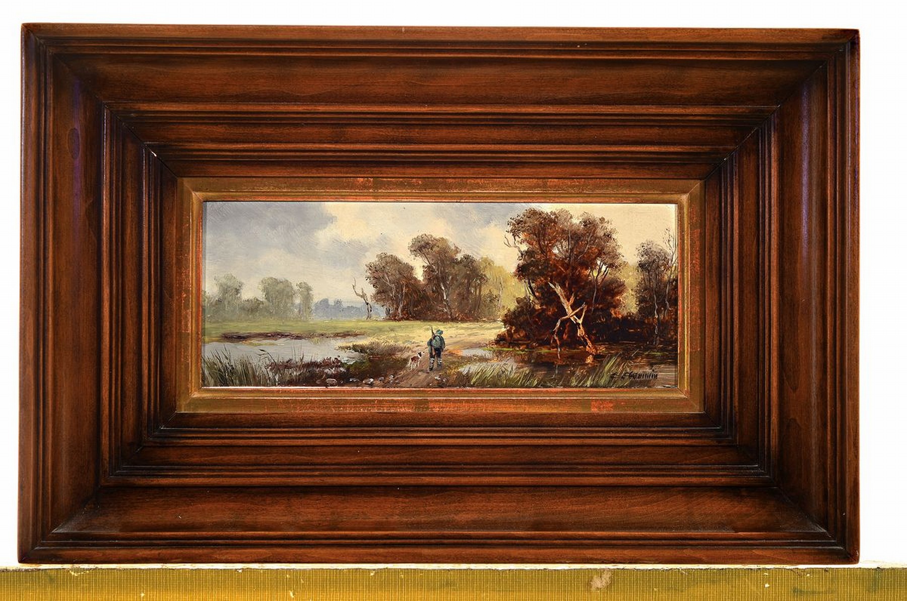 Detail k: Erich Demmin, 1911 Ivenack-1997 Berlin, Moorlandschaft mit Jäger und Hund, Öl/Holz, rechts unten signiert, ca. 8.5x21.5cm, R. ca. 23x36cm