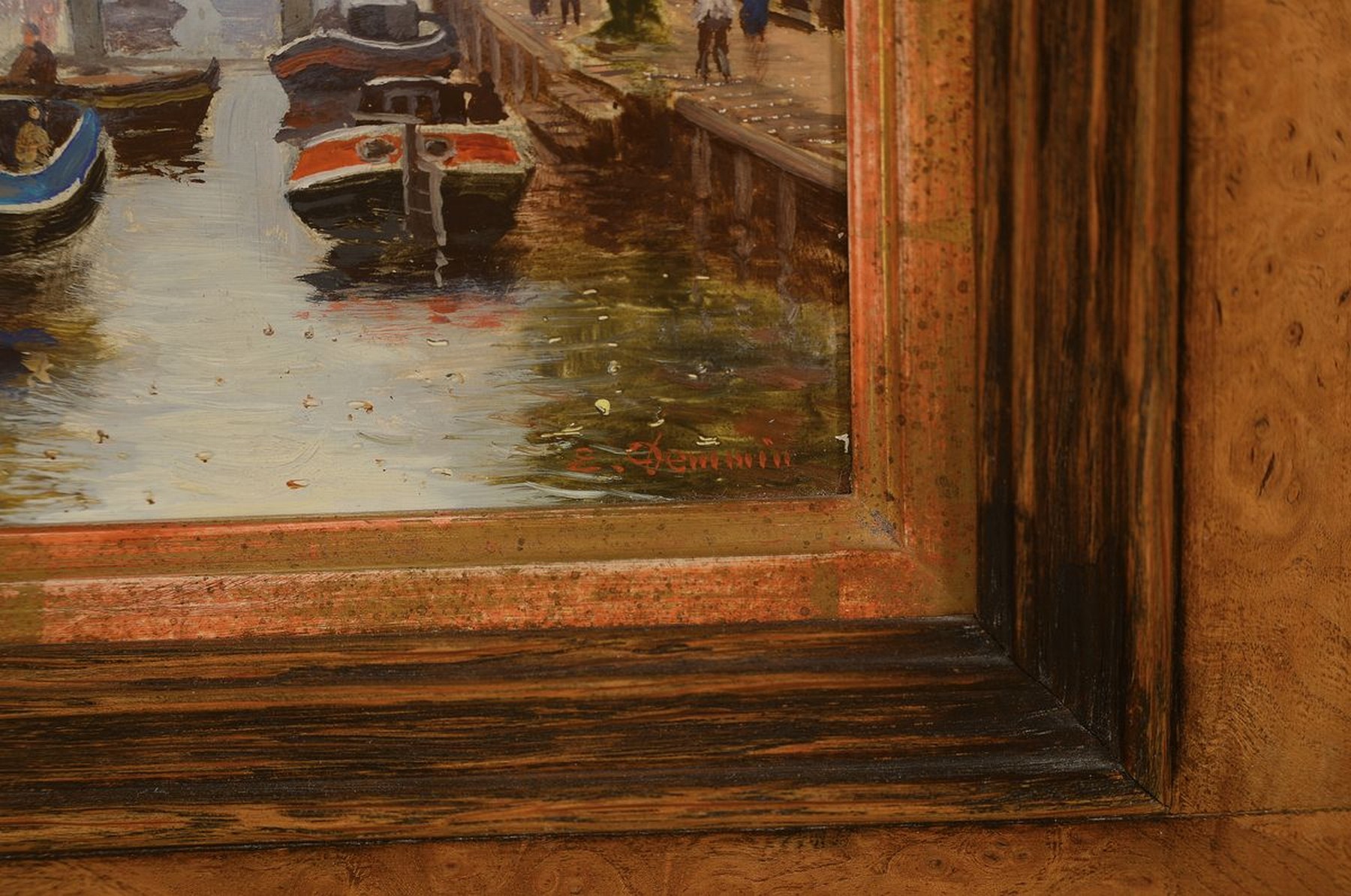 Detail a: Erich Demmin, 1911 Ivenack-1997 Berlin, Ansicht aus Amsterdam mit Booten auf der Gracht, Öl/Holz, rechts unten signiert, ca. 13x12cm, R. ca. 28x27cm