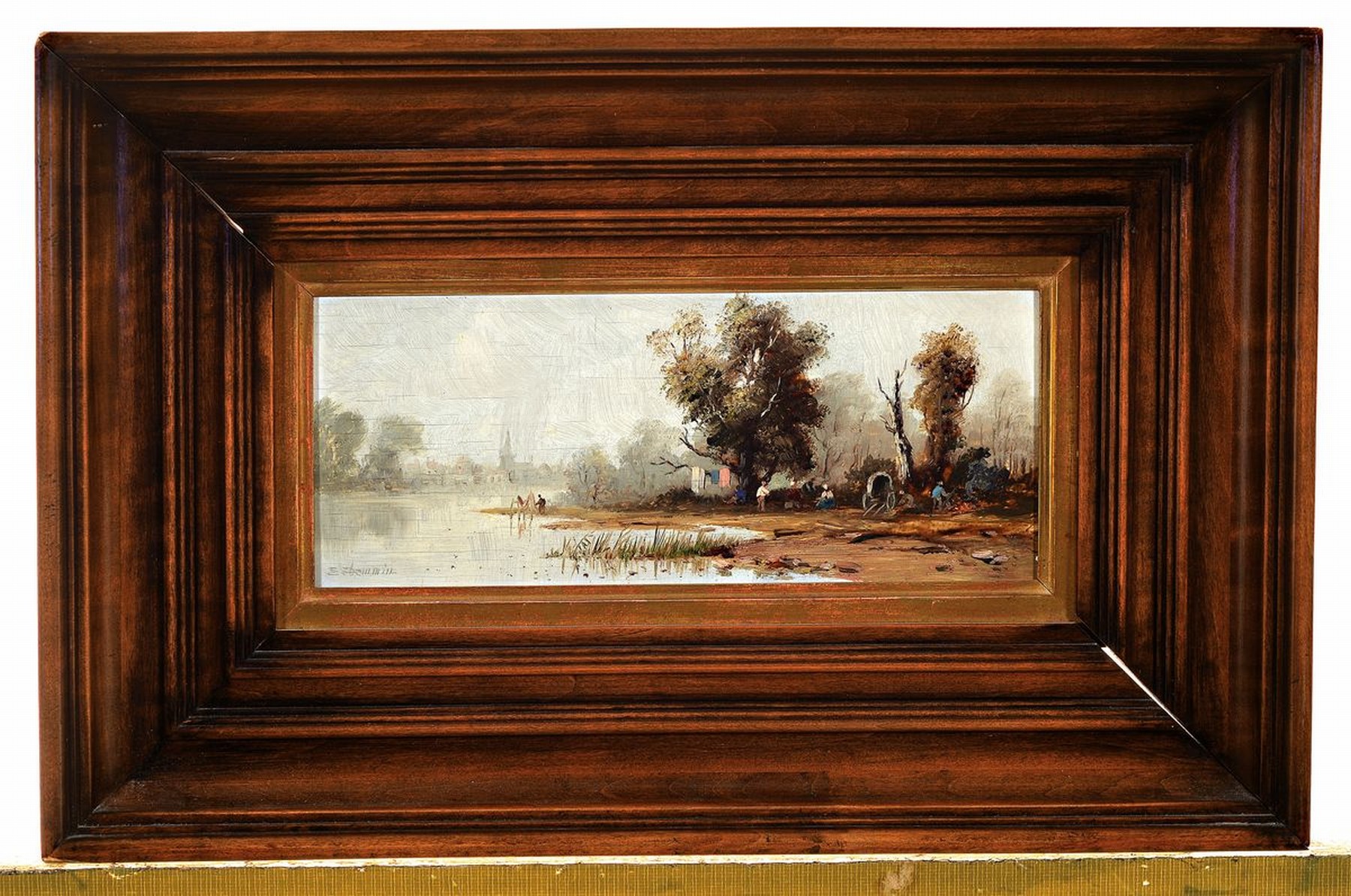 Detail k: Erich Demmin, 1911 Ivenack-1997 Berlin, Lagernde Menschen am Flußufer, Öl/Holz, links unten signiert, ca. 9x22cm, R. ca. 24x36cm