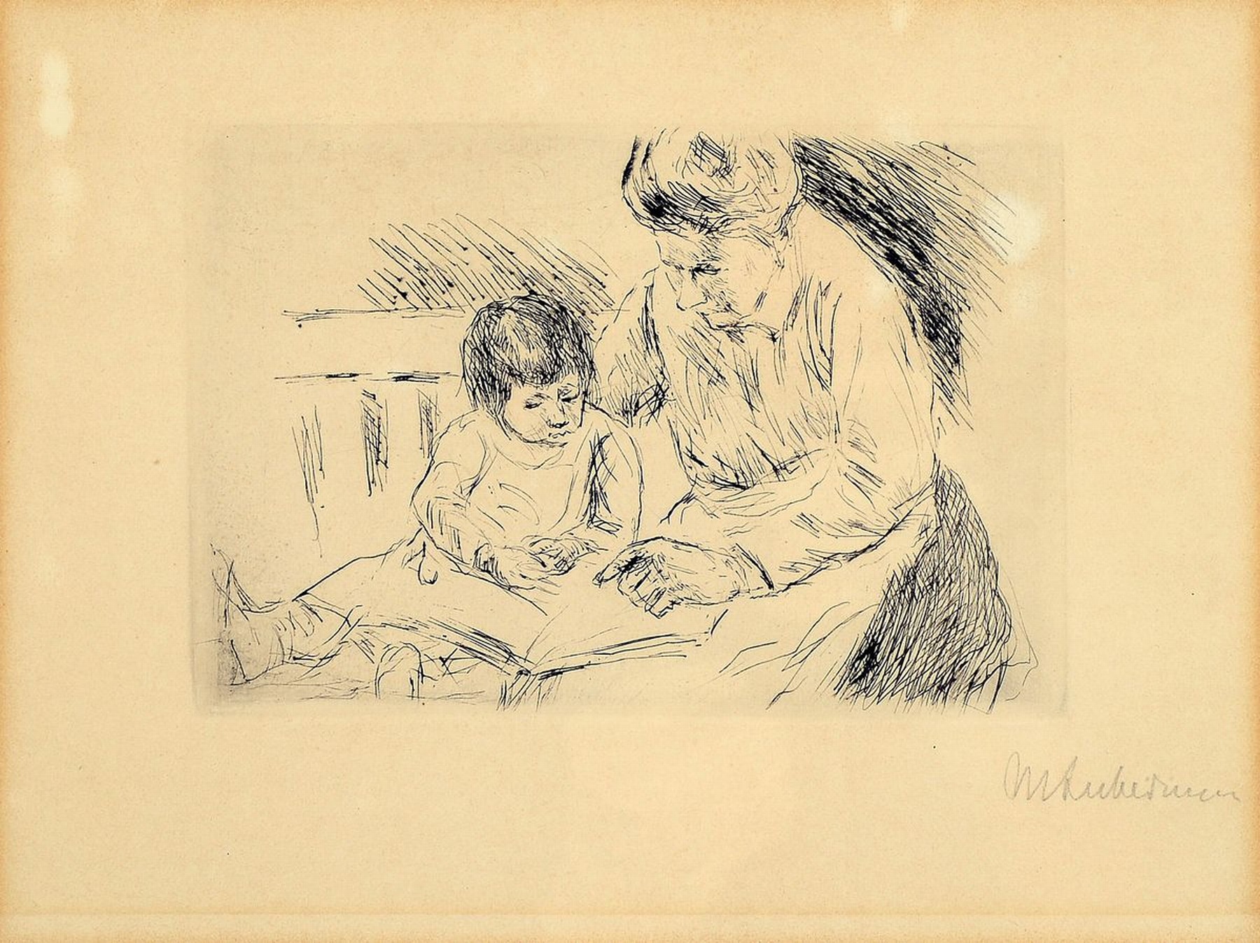 Detail a: Max Liebermann, 1847-1935, 2 Radierungen, 1x spielendes Kind und Wärterin, von 1920, handsigniert, num. 91/100, ca. 20x28cm, PP, u.Gl., R. ca. ...