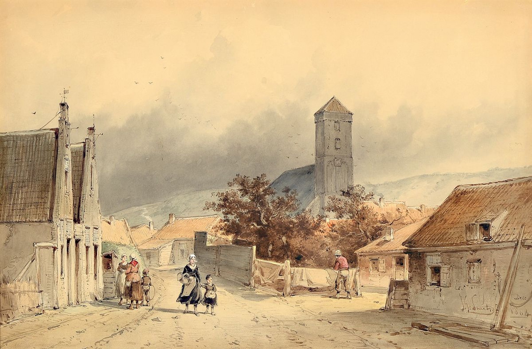Jan Gerard Smits, 1923-1910, Blick auf eine Dorfstraße, Aquarell auf Papier, rechts unten signiert und dat. 1864, ca. 35x54cm, u.Gl., R. ca. 54x73cm