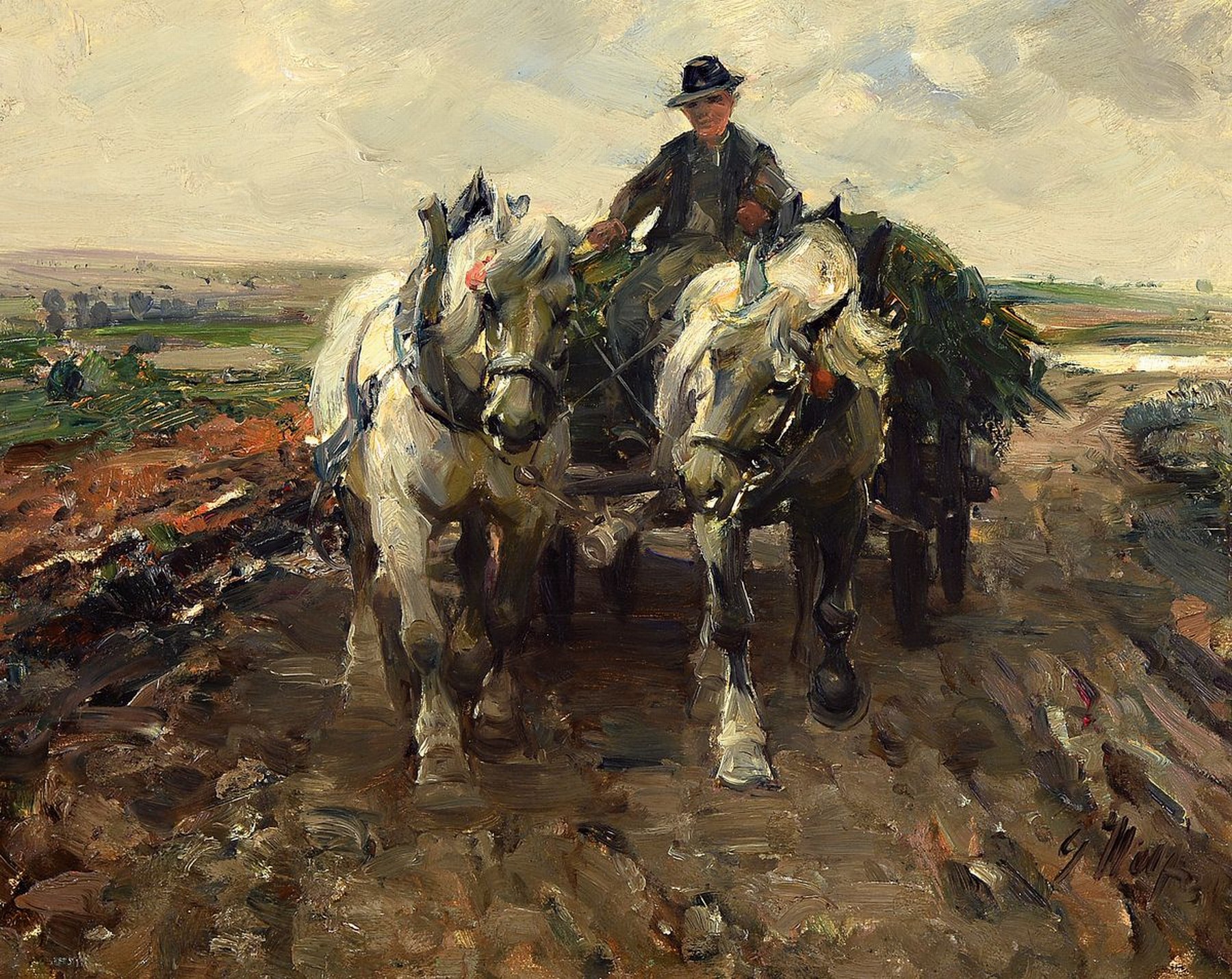 Georg Wolf, 1882 Düsseldorf-1962 Uelzen, Bauer mit seinem Pferdewagen bei der Rückkehr von der Feldarbeit, Öl/Malkarton, rechts unten signiert, ...