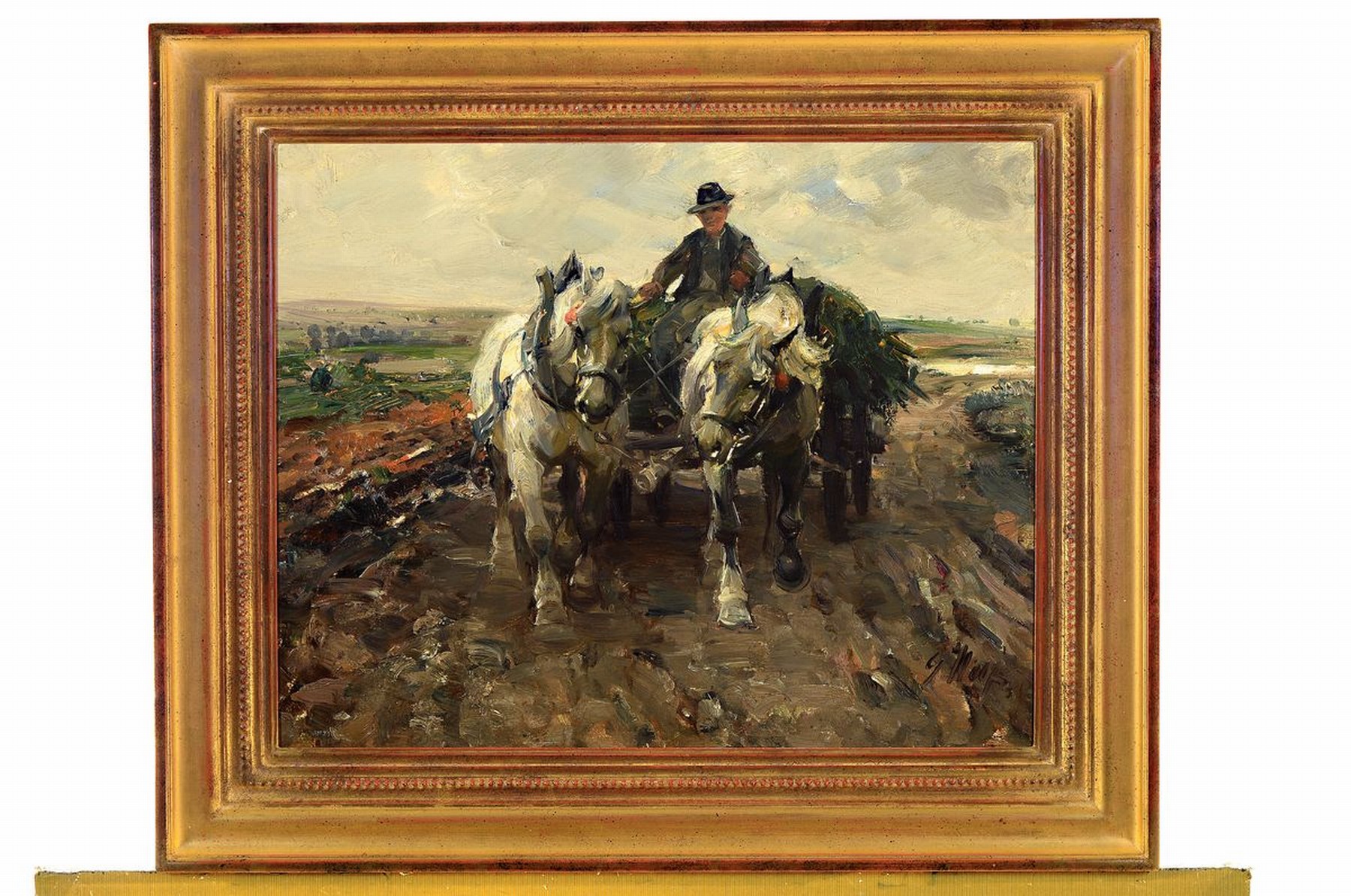Detail k: Georg Wolf, 1882 Düsseldorf-1962 Uelzen, Bauer mit seinem Pferdewagen bei der Rückkehr von der Feldarbeit, Öl/Malkarton, rechts unten signiert, ...