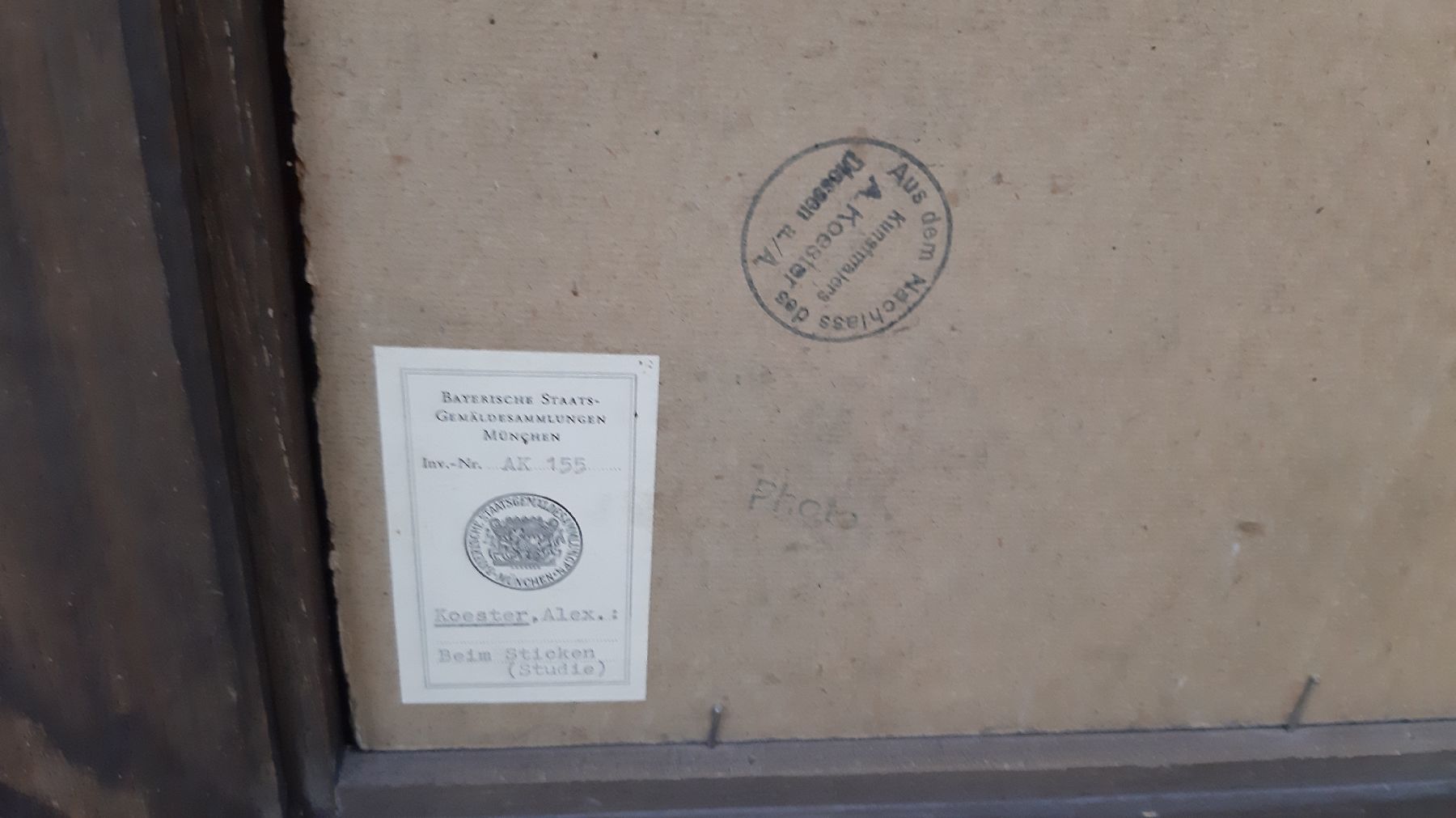 Detail g: Alexander Koester, 1864 Berg Neustadt - 1932 München, Öl/Malkarton, rückseitig Nachlaßstempel und Etikett der Bayerischen ...