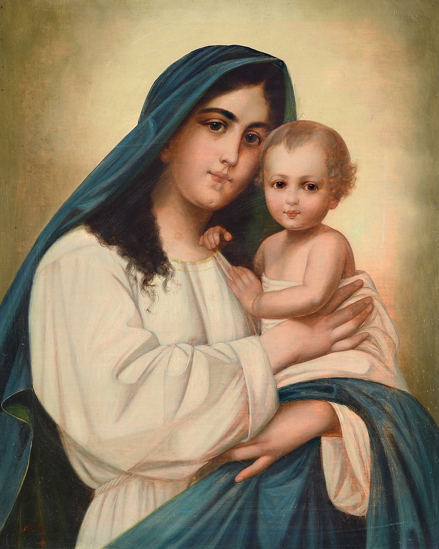 Schütz, Künstler 2. Hälfte 19. Jh., Maria mit Kind nach dem Vorbild von Franz von Defregger, Öl/Lwd, signiert Schütz, ca. 68 x 54 cm, ...