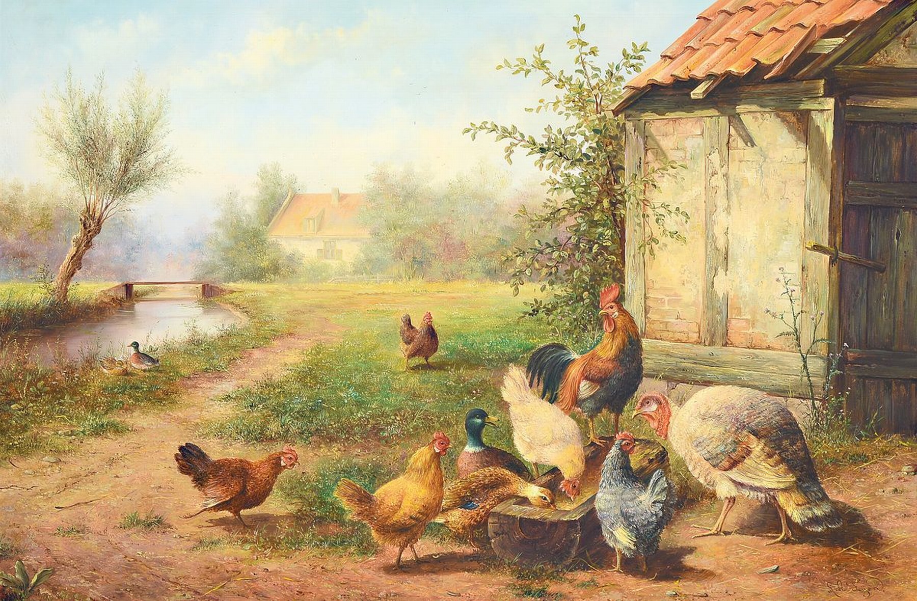 Leon Arie Feijen, geb. 1947, niederländischer Traditionalist, Belebter Hühnerhof, Öl/Holz, rechts unten signiert, ca. 40x60cm, R. ca. 58x78cm