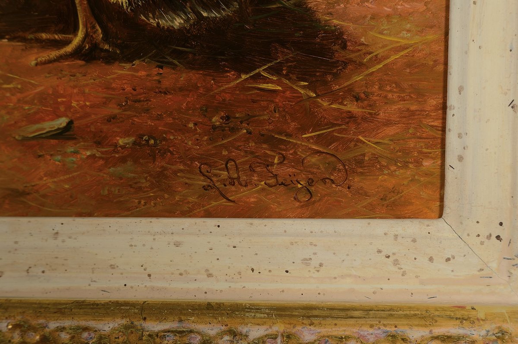 Detail a: Leon Arie Feijen, geb. 1947, niederländischer Traditionalist, Belebter Hühnerhof, Öl/Holz, rechts unten signiert, ca. 40x60cm, R. ca. 58x78cm