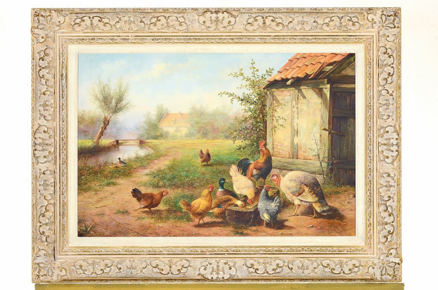 Detail k: Leon Arie Feijen, geb. 1947, niederländischer Traditionalist, Belebter Hühnerhof, Öl/Holz, rechts unten signiert, ca. 40x60cm, R. ca. 58x78cm