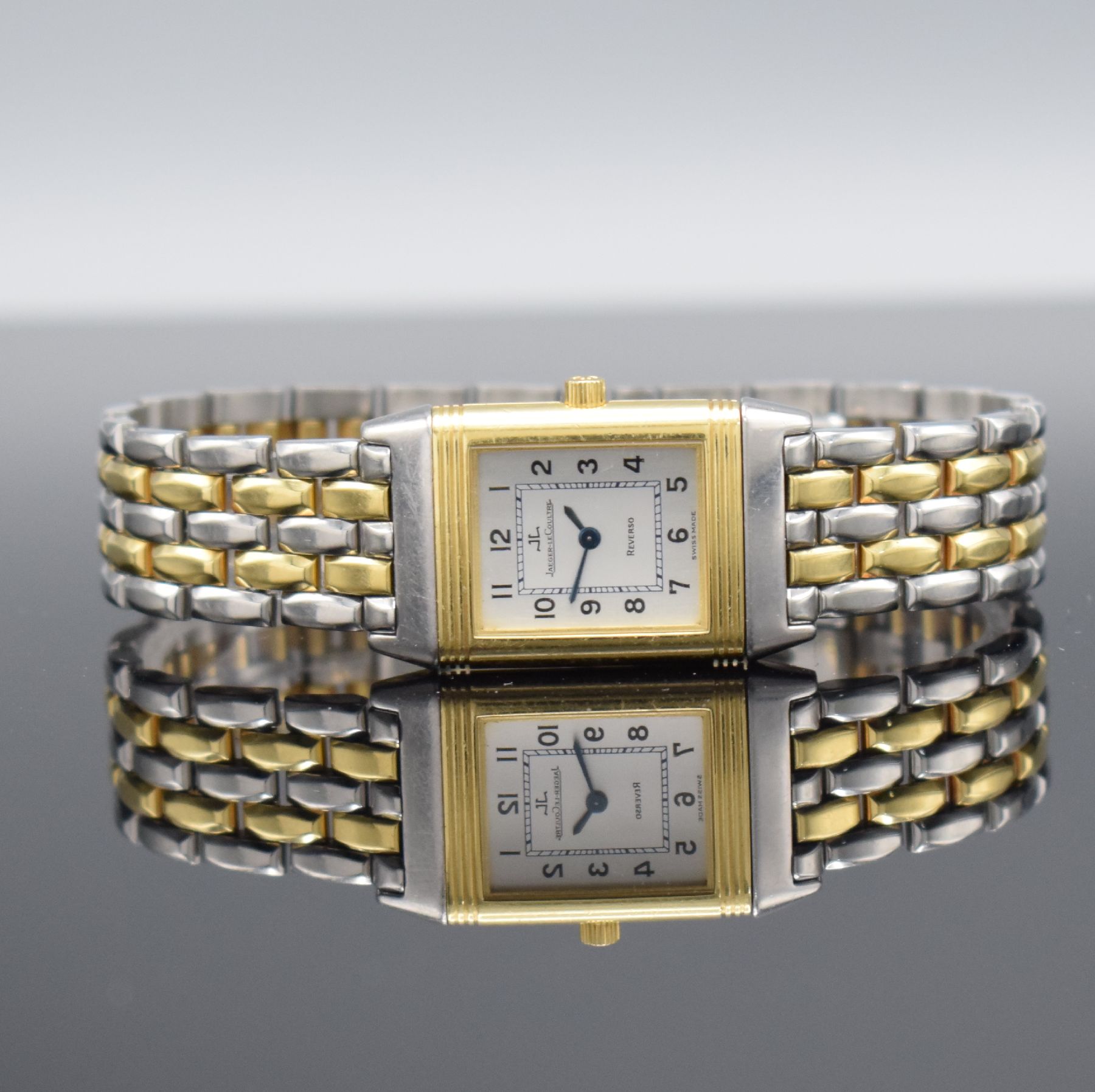 Jaeger-LeCoultre Reverso Damenarmbanduhr in Edelstahl & GG 750/000 Referenz 260.5.08, Schweiz um 1995, quarz, Wendegehäuse m. Inhaber-Monogramm, ...