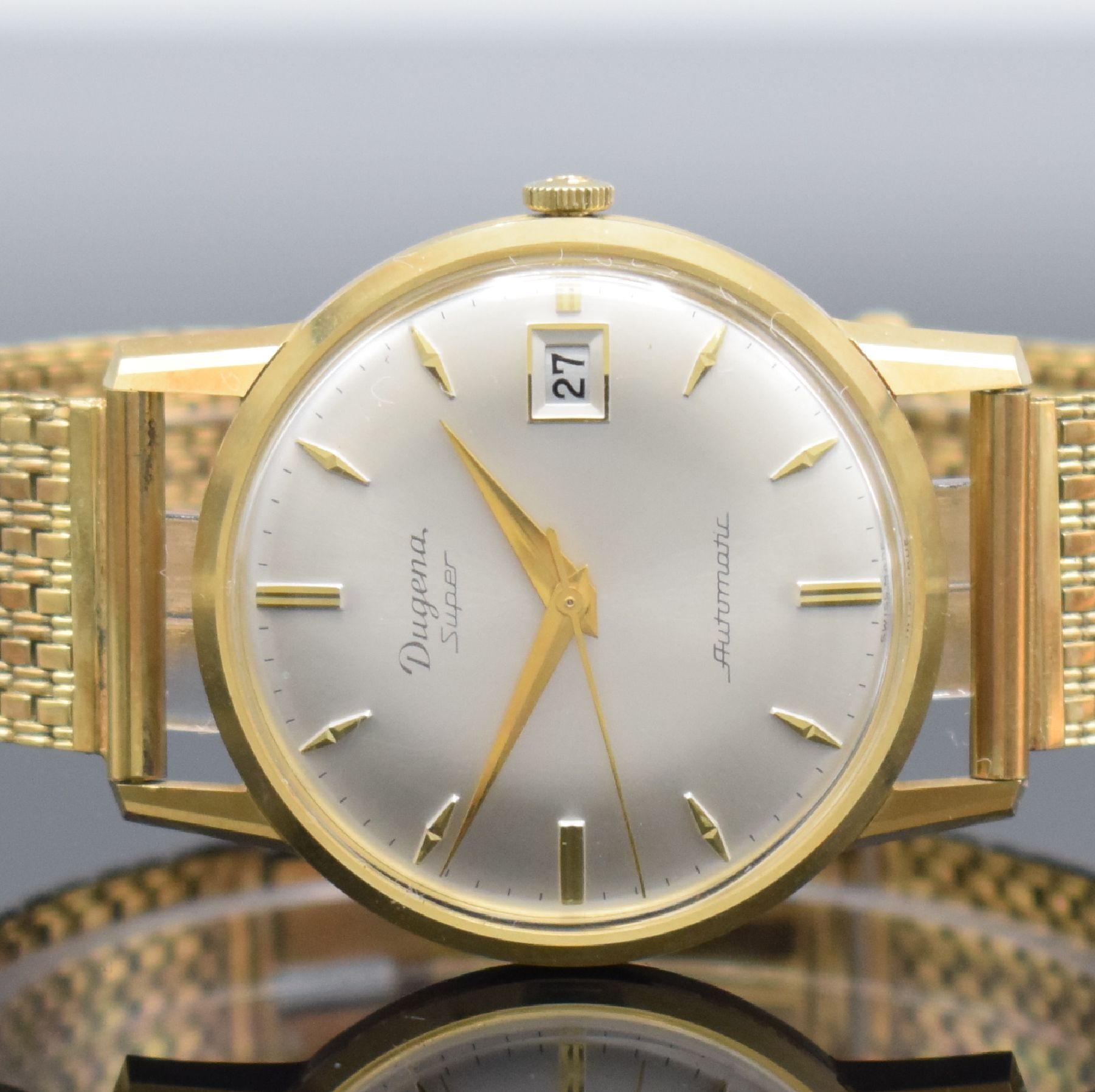 Detail a: DUGENA Herrenarmbanduhr in GG 585/000 mit Microrotor Kaliber 1010A inklusive GG 585/000 Band, Schweiz um 1960, Automatik, 3-teil. Geh., Boden & ...