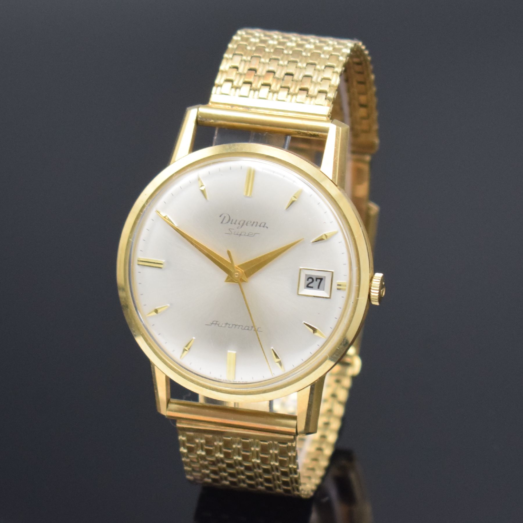 Detail b: DUGENA Herrenarmbanduhr in GG 585/000 mit Microrotor Kaliber 1010A inklusive GG 585/000 Band, Schweiz um 1960, Automatik, 3-teil. Geh., Boden & ...