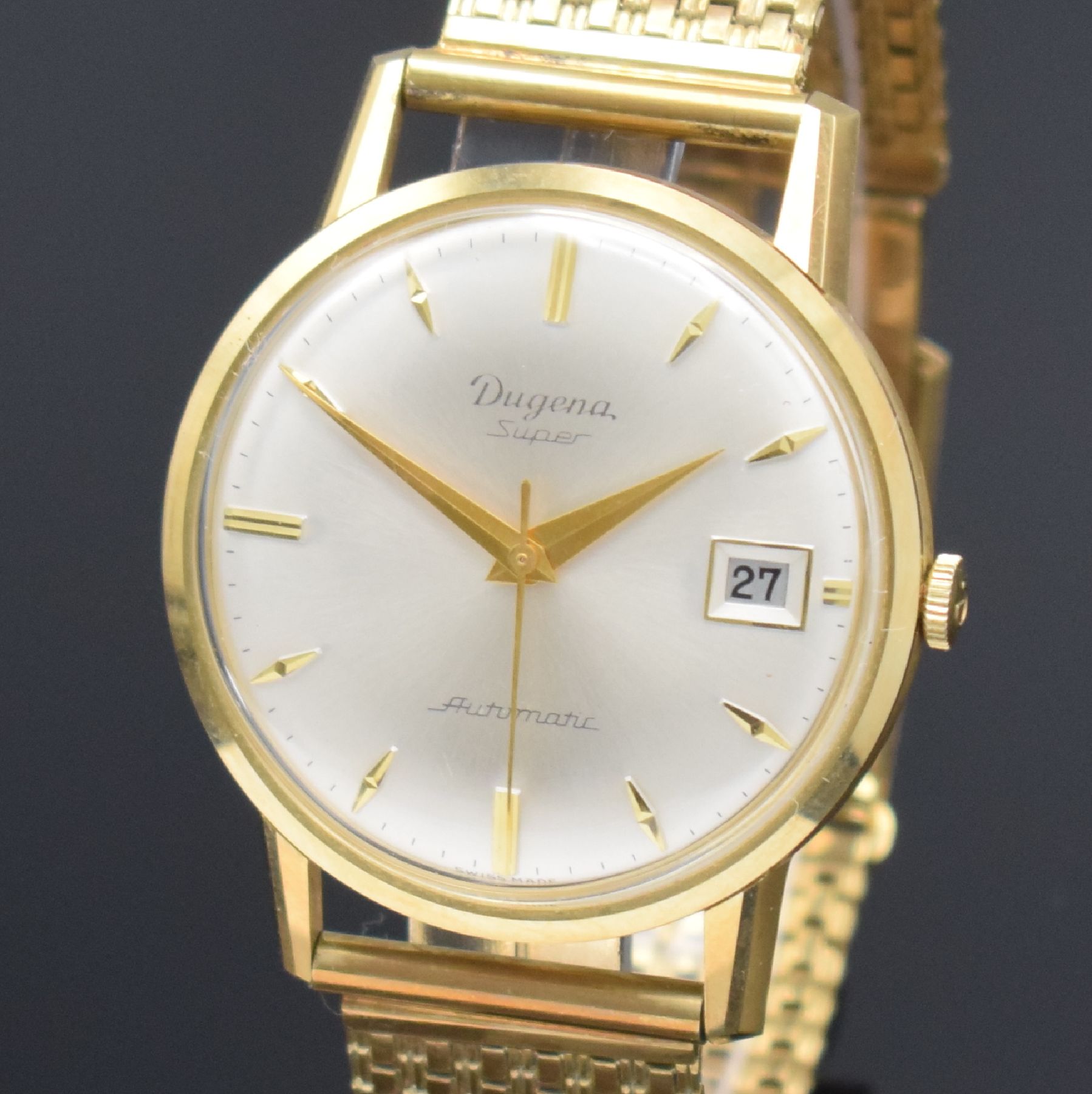 Detail c: DUGENA Herrenarmbanduhr in GG 585/000 mit Microrotor Kaliber 1010A inklusive GG 585/000 Band, Schweiz um 1960, Automatik, 3-teil. Geh., Boden & ...