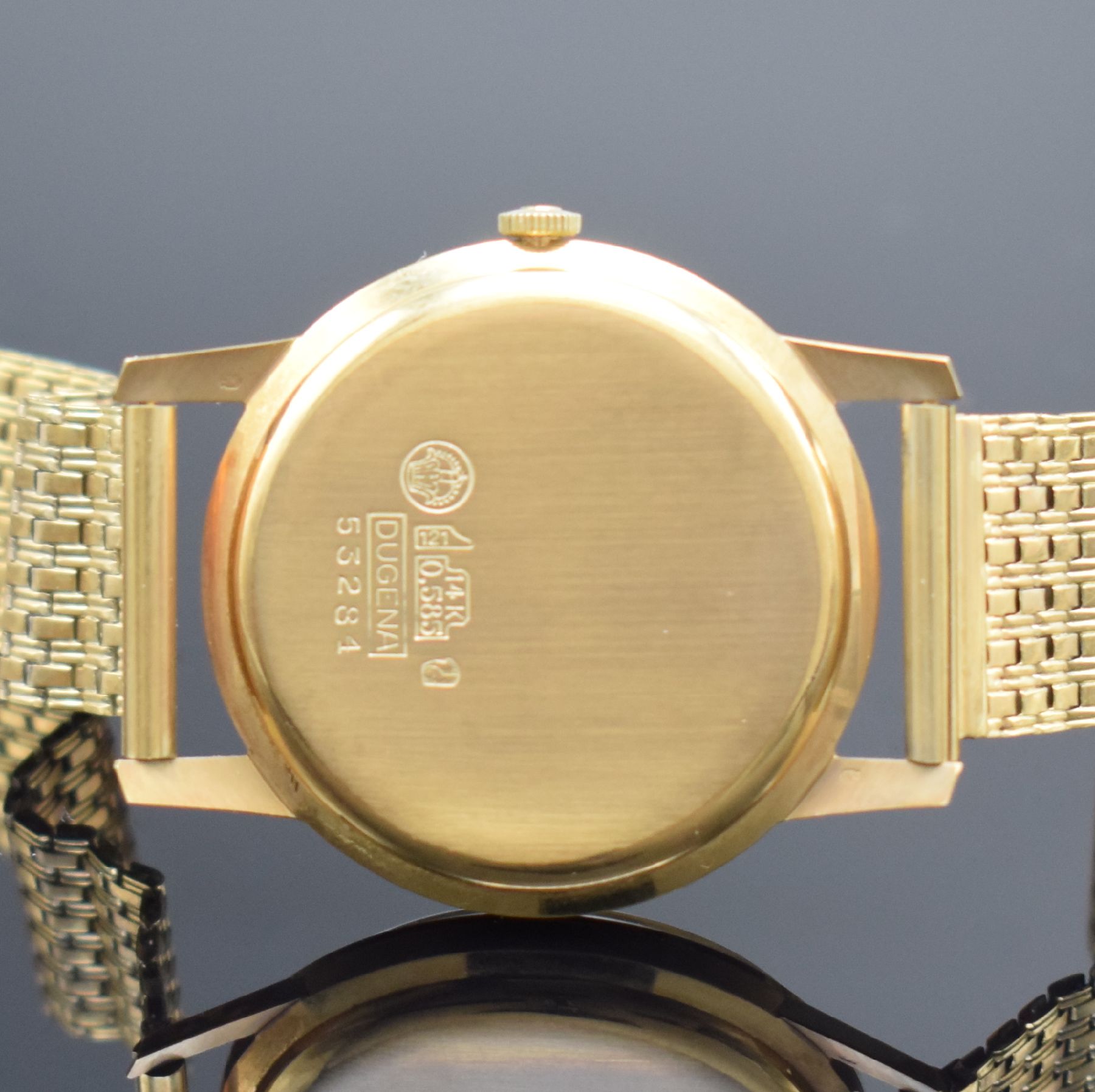 Detail f: DUGENA Herrenarmbanduhr in GG 585/000 mit Microrotor Kaliber 1010A inklusive GG 585/000 Band, Schweiz um 1960, Automatik, 3-teil. Geh., Boden & ...