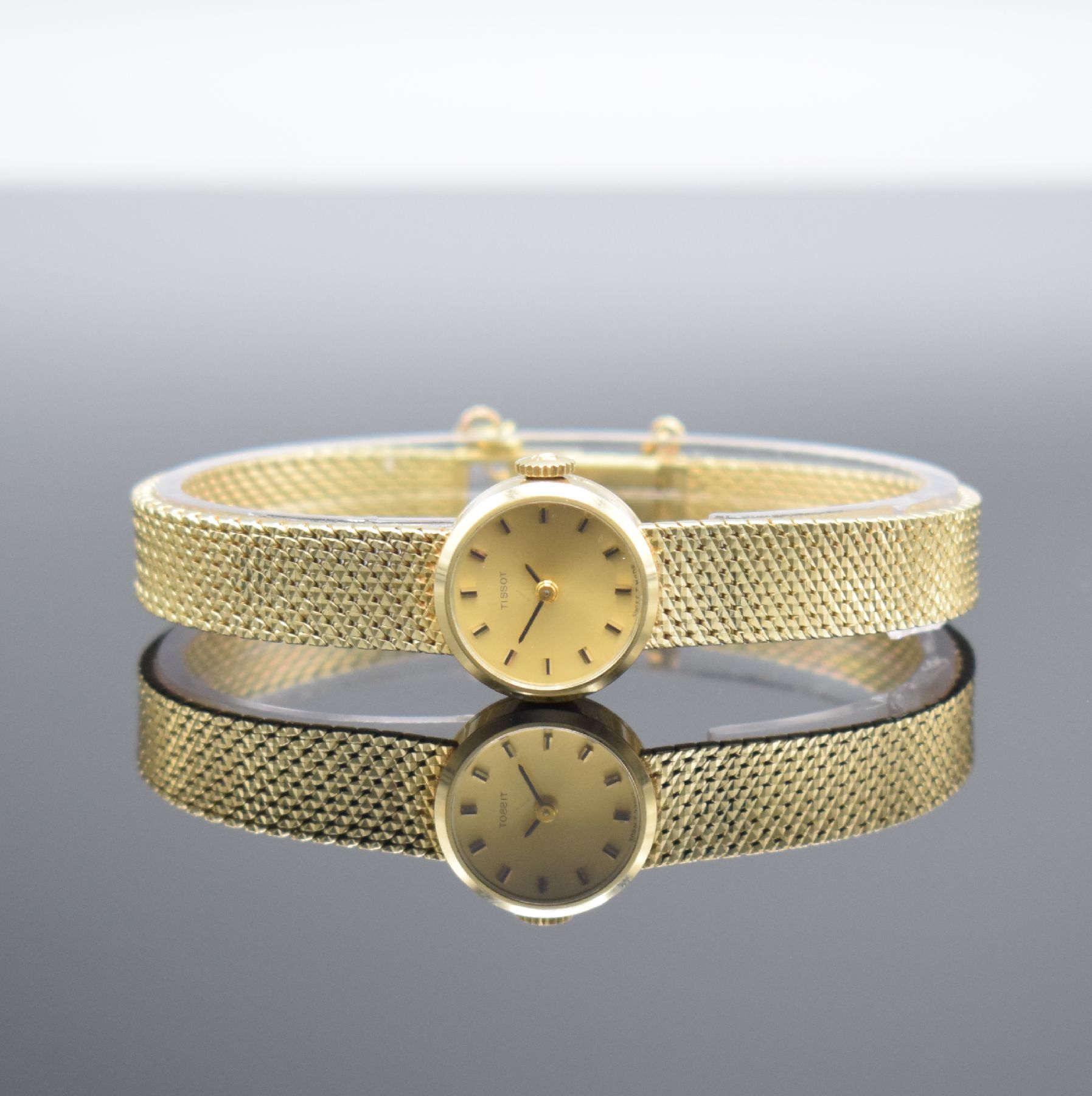 TISSOT Damenarmbanduhr in GG 585/000 mit GG 585/000 Goldband, Schweiz um 1960, Handaufzug, 2-teil. Geh., Boden aufgedr., orig. Milanaiseband, verg. ...