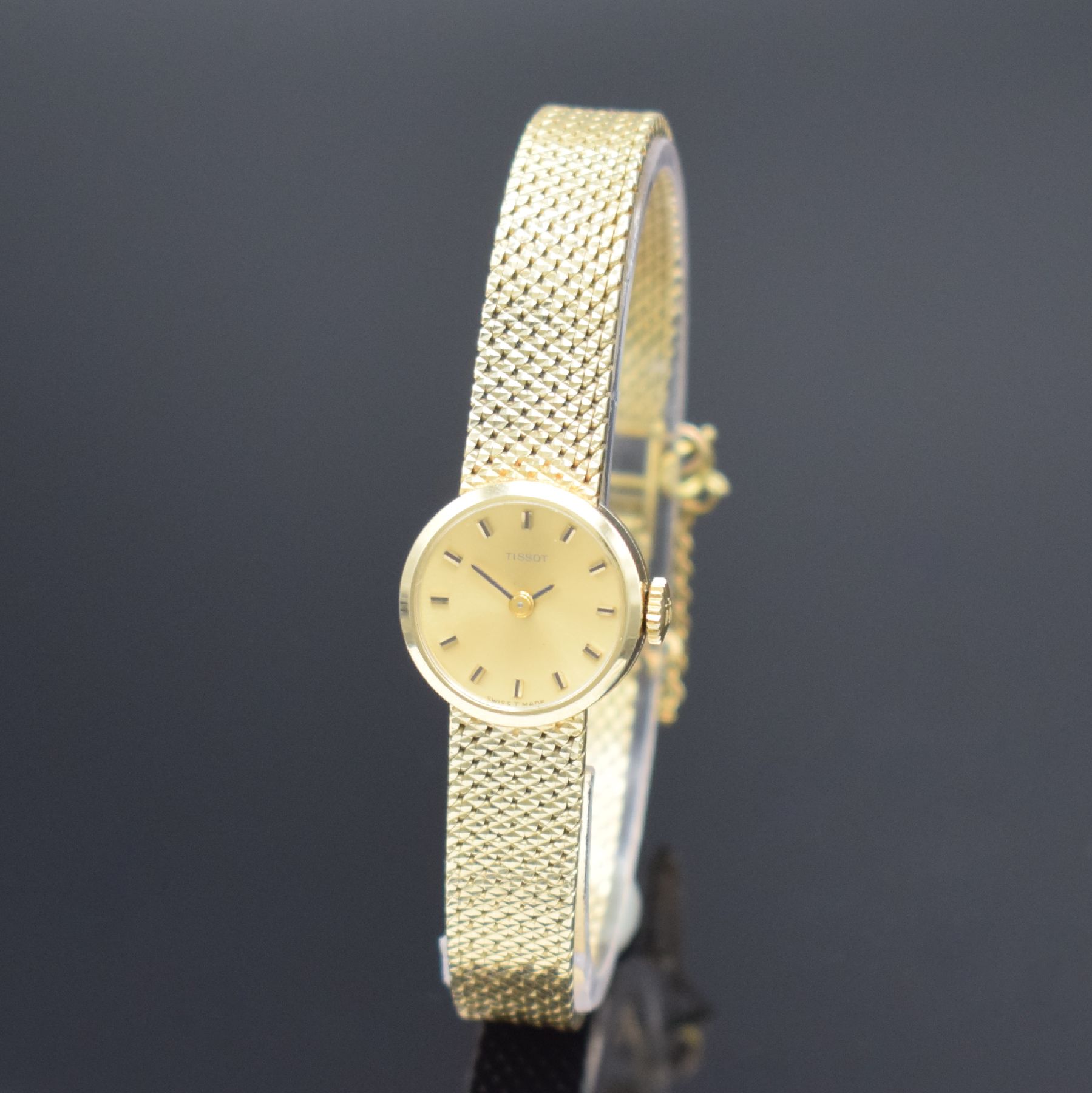 Detail b: TISSOT Damenarmbanduhr in GG 585/000 mit GG 585/000 Goldband, Schweiz um 1960, Handaufzug, 2-teil. Geh., Boden aufgedr., orig. Milanaiseband, verg. ...