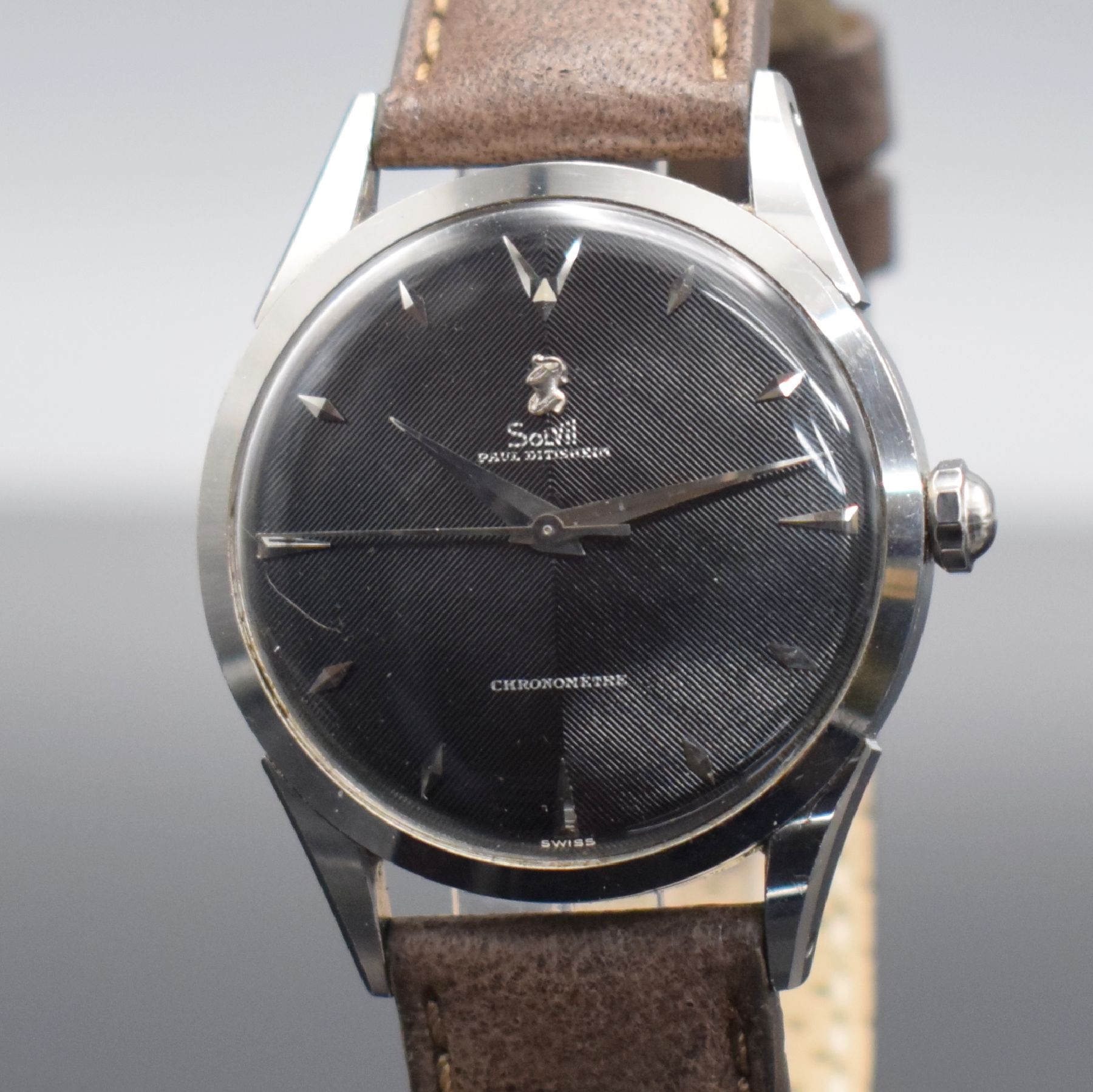 Detail a: PAUL DITISHEIM/SOLVIL Chronometer seltene Armbanduhr in Stahl, Schweiz um 1960, Automatik, 3-tlg. Geh., Boden & Glasrand aufgedr., sehr schönes & ...