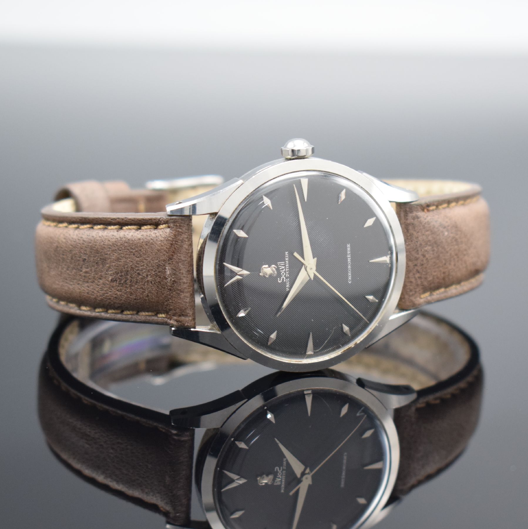Detail b: PAUL DITISHEIM/SOLVIL Chronometer seltene Armbanduhr in Stahl, Schweiz um 1960, Automatik, 3-tlg. Geh., Boden & Glasrand aufgedr., sehr schönes & ...