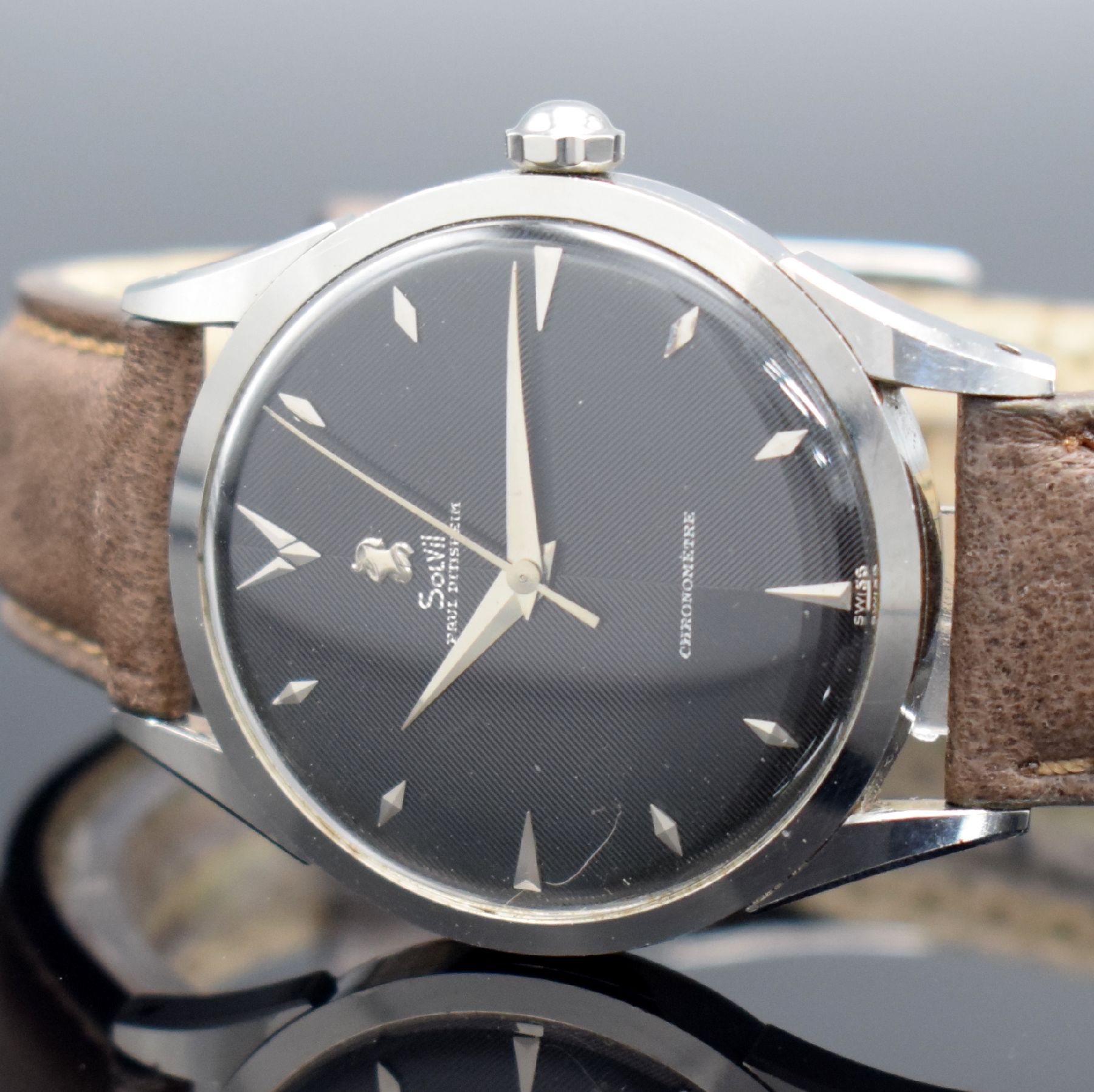 Detail d: PAUL DITISHEIM/SOLVIL Chronometer seltene Armbanduhr in Stahl, Schweiz um 1960, Automatik, 3-tlg. Geh., Boden & Glasrand aufgedr., sehr schönes & ...