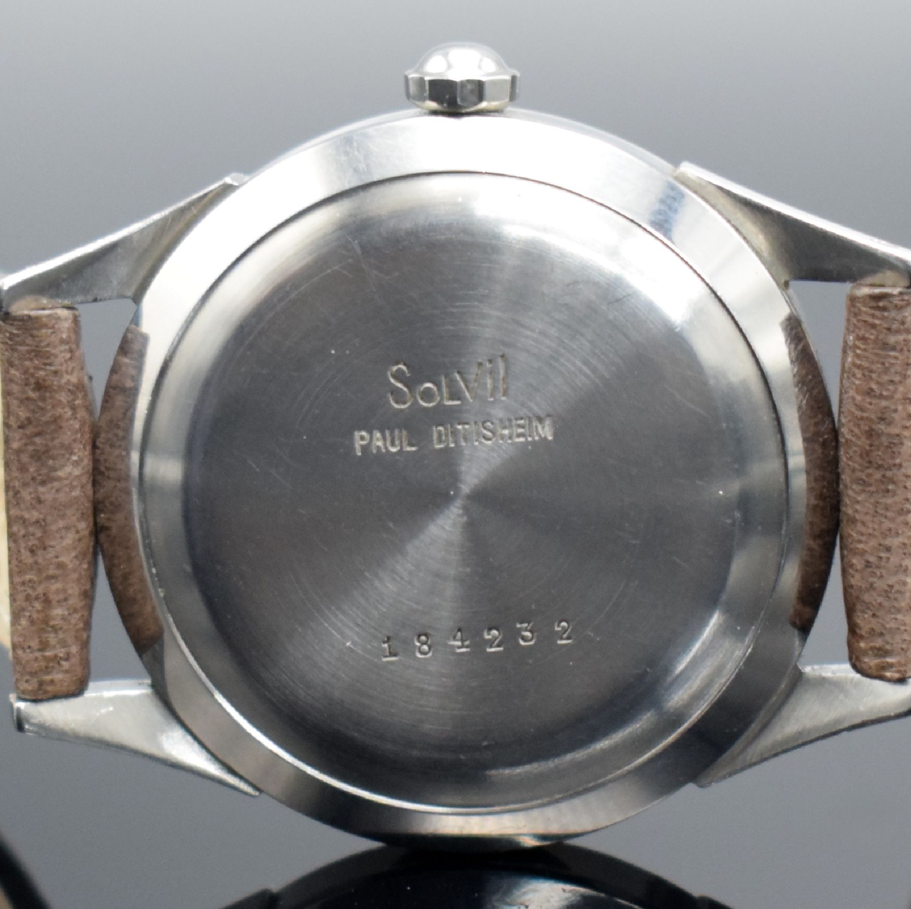 Detail i: PAUL DITISHEIM/SOLVIL Chronometer seltene Armbanduhr in Stahl, Schweiz um 1960, Automatik, 3-tlg. Geh., Boden & Glasrand aufgedr., sehr schönes & ...