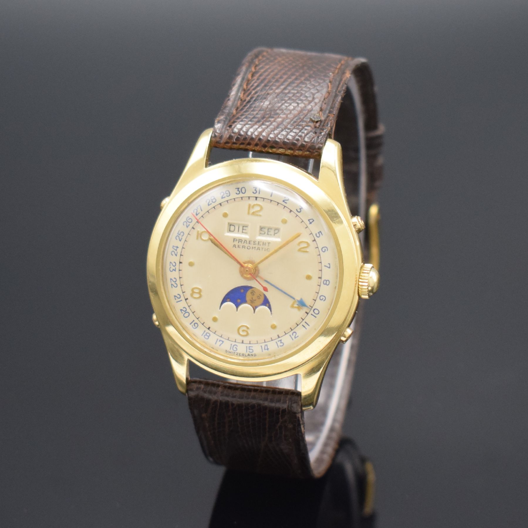 Detail b: PRAESENT Automatik seltene hochwertige Armbanduhr mit Vollkalender/Mondphase in GG 750/000, Schweiz um 1945, Hammerautomatik, verschr. Geh., silb. ...
