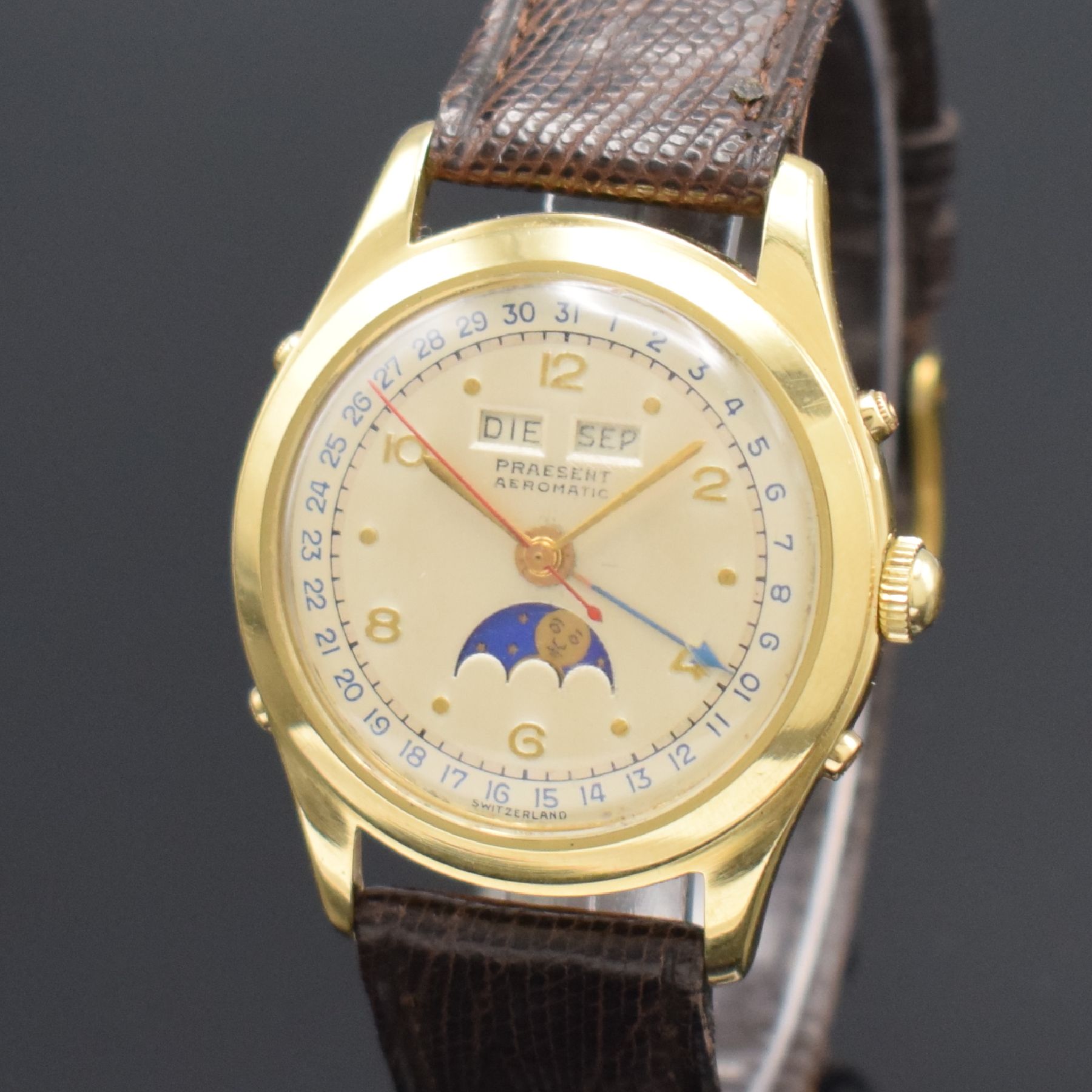Detail c: PRAESENT Automatik seltene hochwertige Armbanduhr mit Vollkalender/Mondphase in GG 750/000, Schweiz um 1945, Hammerautomatik, verschr. Geh., silb. ...