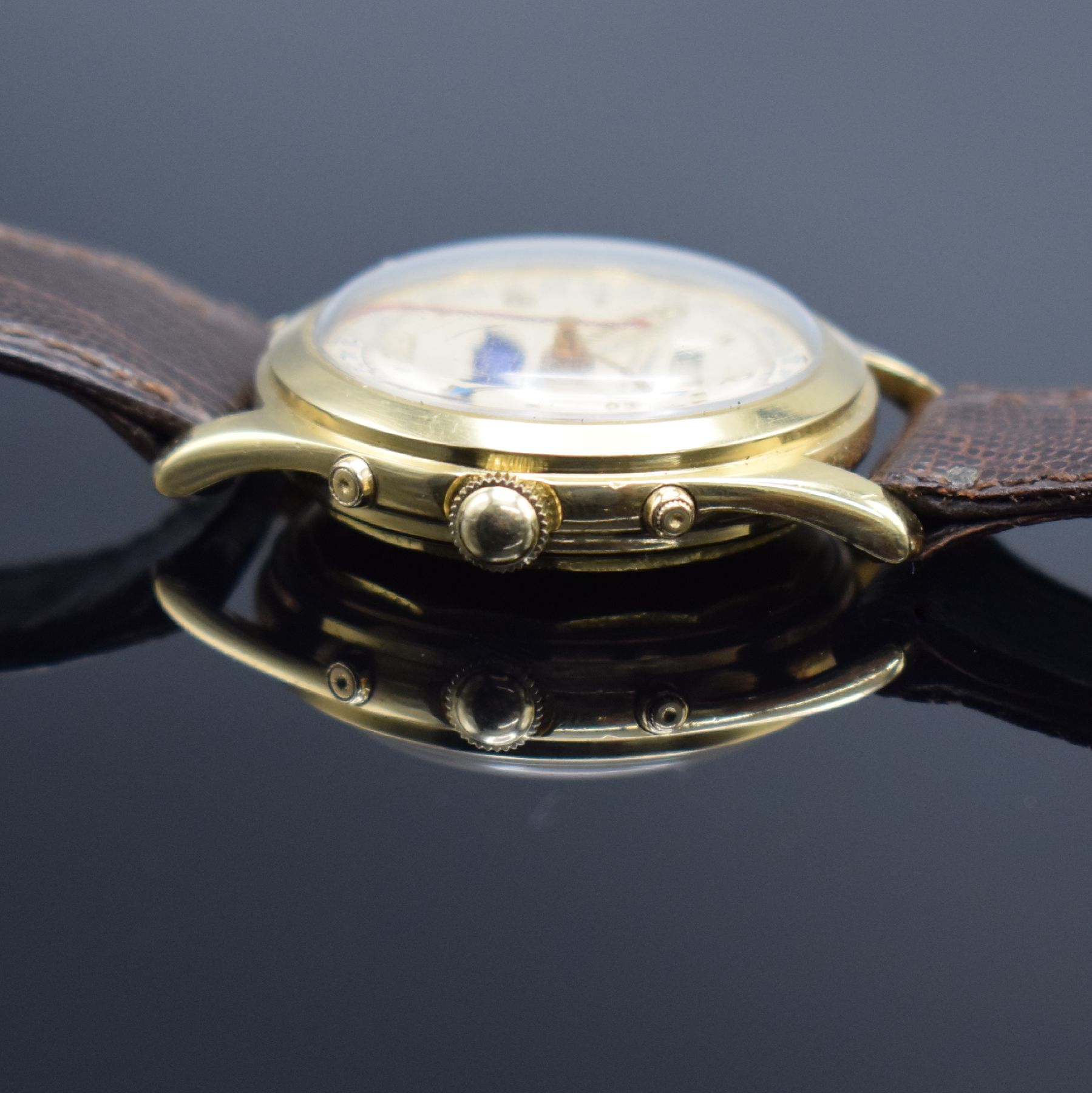 Detail d: PRAESENT Automatik seltene hochwertige Armbanduhr mit Vollkalender/Mondphase in GG 750/000, Schweiz um 1945, Hammerautomatik, verschr. Geh., silb. ...