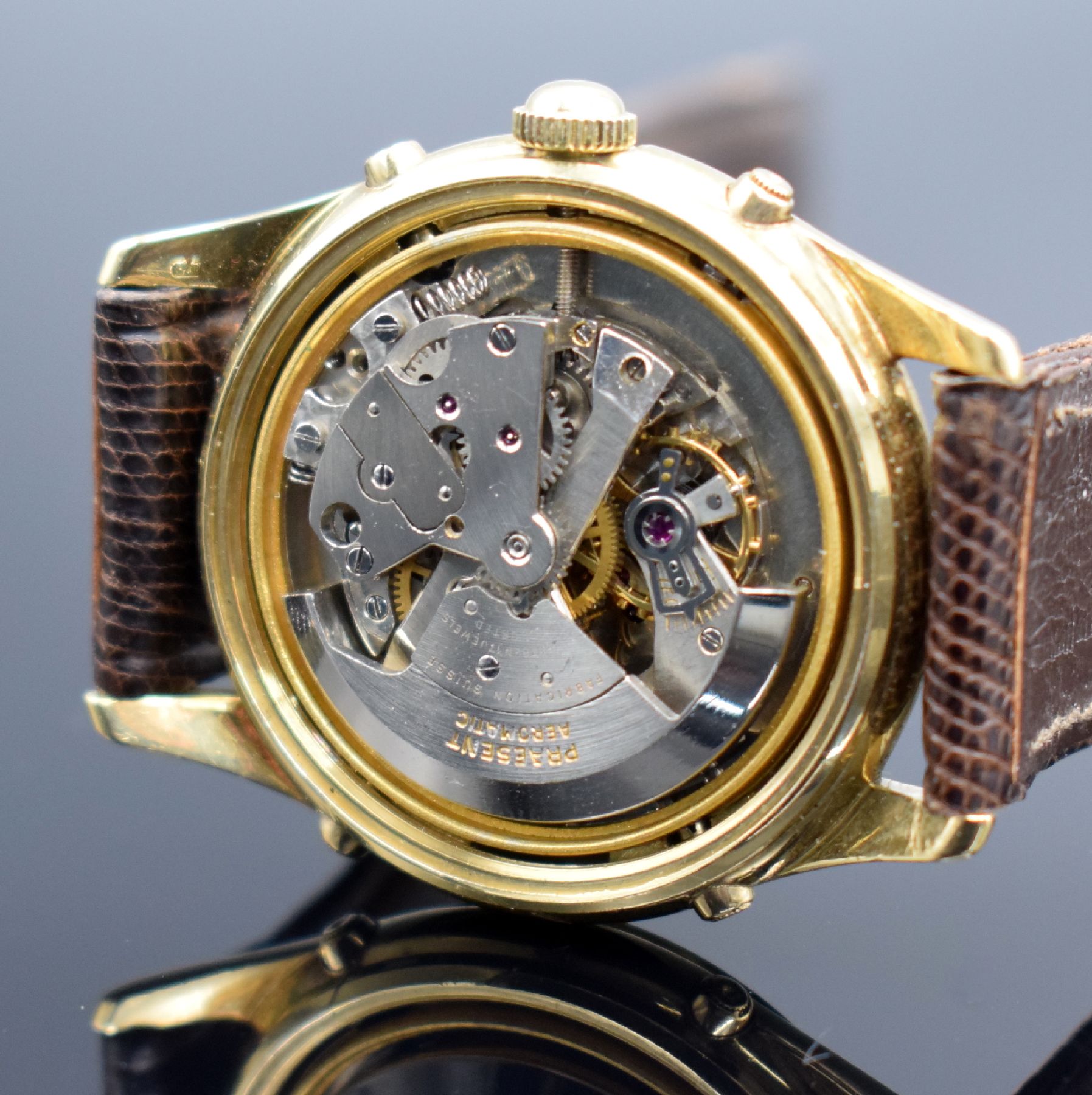 Detail g: PRAESENT Automatik seltene hochwertige Armbanduhr mit Vollkalender/Mondphase in GG 750/000, Schweiz um 1945, Hammerautomatik, verschr. Geh., silb. ...