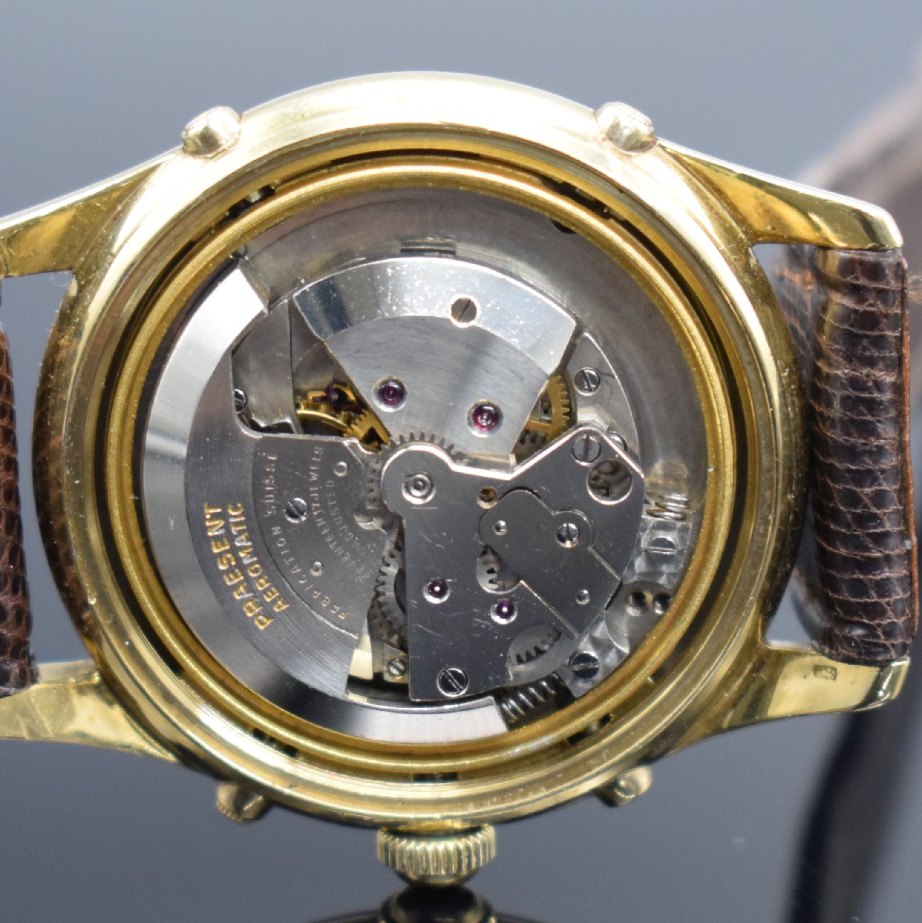 Detail h: PRAESENT Automatik seltene hochwertige Armbanduhr mit Vollkalender/Mondphase in GG 750/000, Schweiz um 1945, Hammerautomatik, verschr. Geh., silb. ...