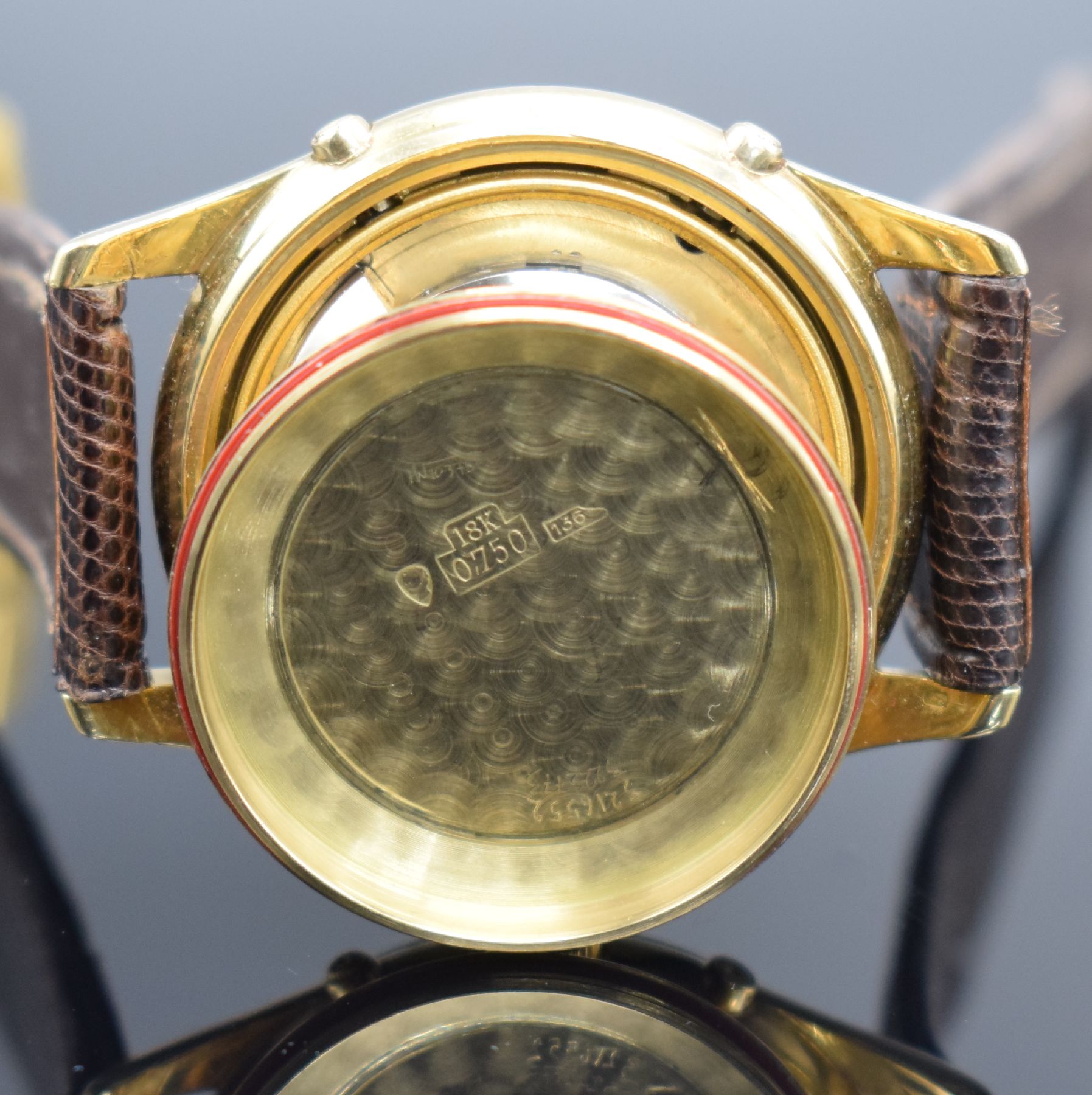 Detail i: PRAESENT Automatik seltene hochwertige Armbanduhr mit Vollkalender/Mondphase in GG 750/000, Schweiz um 1945, Hammerautomatik, verschr. Geh., silb. ...