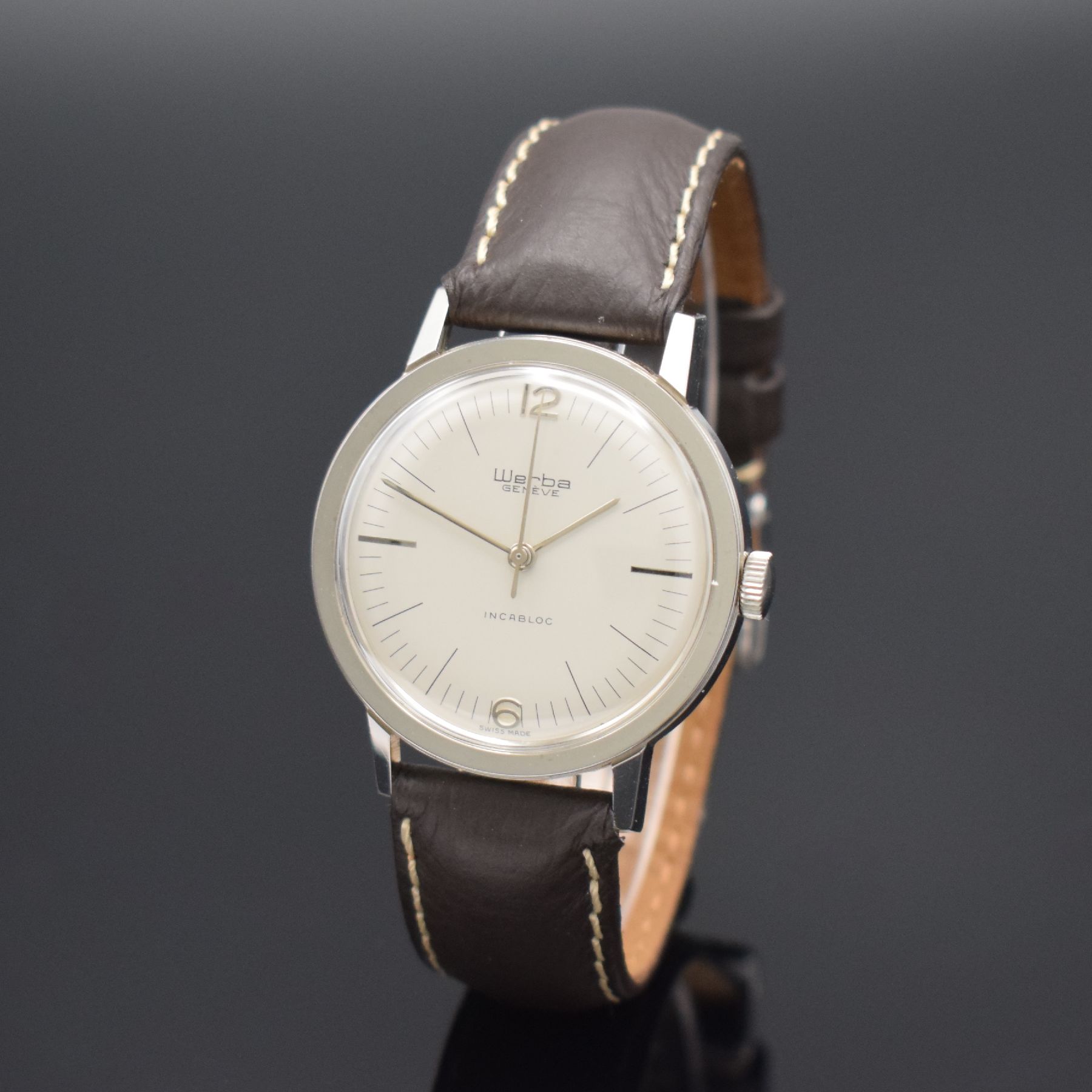 Detail b: WERBA sehr seltene Armbanduhr mit springender Zentralsekunde in Stahl, Schweiz um 1965, Handaufzug, 2-tlg. Geh., Boden verschr., sehr schönes & ...