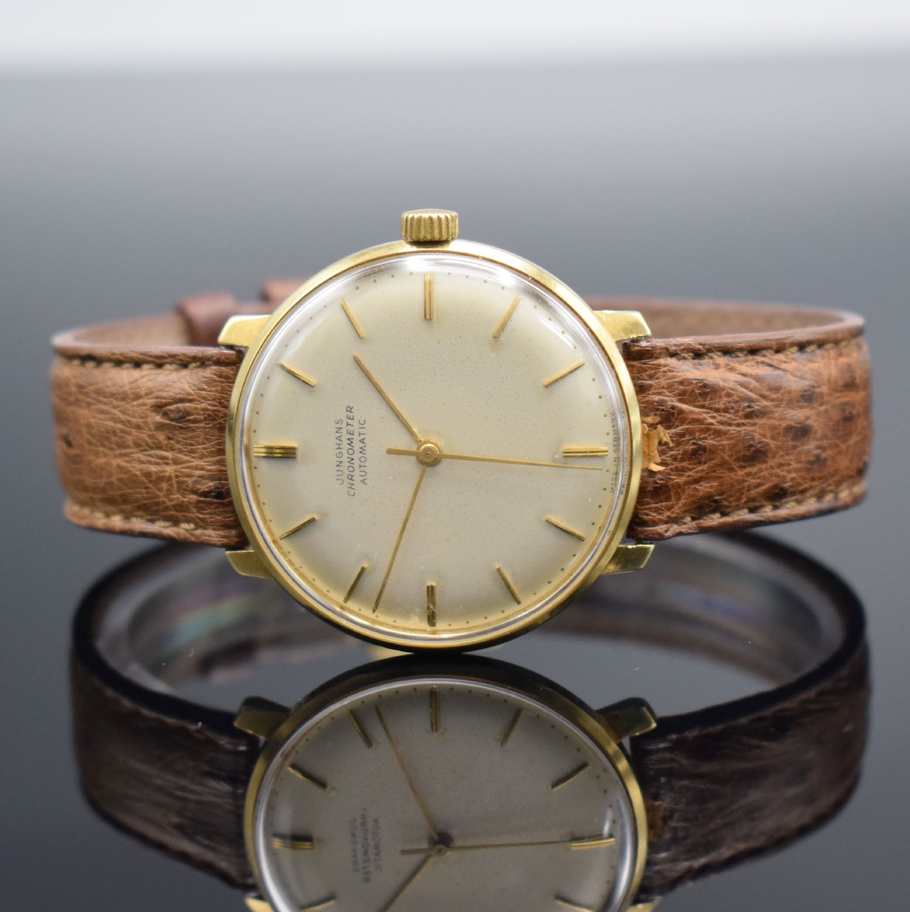 JUNGHANS Chronometer Kaliber 83/S seltene Armbanduhr in GG 585/000, Deutschland um 1965, Automatik, massives 2-tlg. Geh., Boden aufgedr., silb. ...