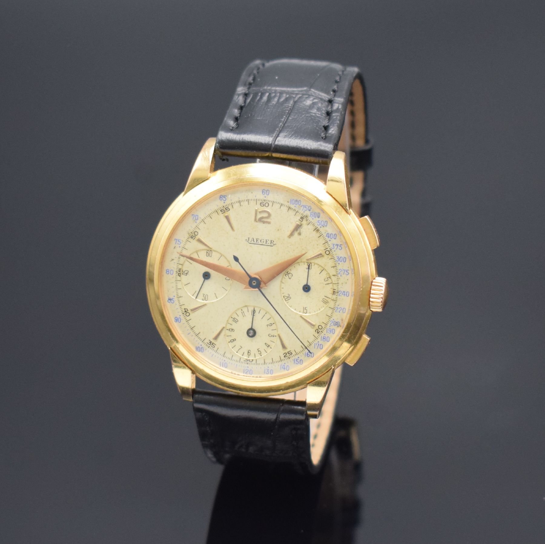 Detail b: JAEGER großer Schaltradchronograph in RG 750/000, Schweiz/Frankreich um 1945, Handaufzug, massives 3-tlg. Geh. sign. mit "E.J."-Stempel ...