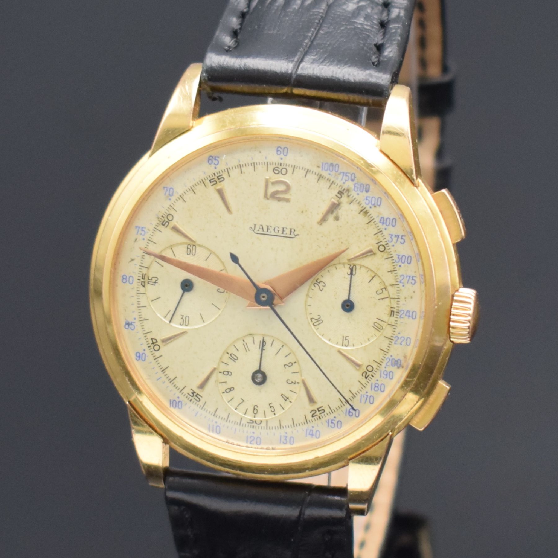 Detail c: JAEGER großer Schaltradchronograph in RG 750/000, Schweiz/Frankreich um 1945, Handaufzug, massives 3-tlg. Geh. sign. mit "E.J."-Stempel ...
