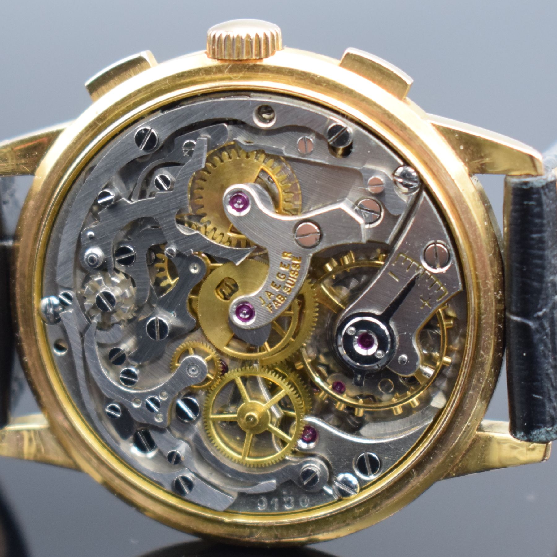 Detail g: JAEGER großer Schaltradchronograph in RG 750/000, Schweiz/Frankreich um 1945, Handaufzug, massives 3-tlg. Geh. sign. mit "E.J."-Stempel ...