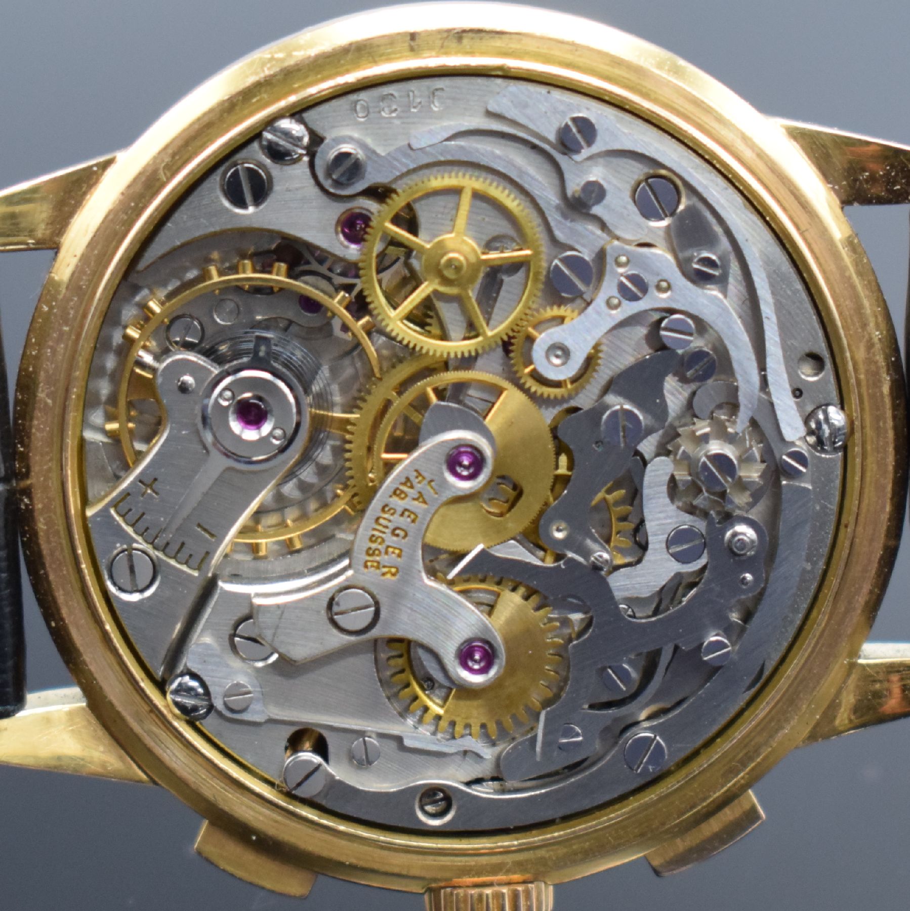 Detail h: JAEGER großer Schaltradchronograph in RG 750/000, Schweiz/Frankreich um 1945, Handaufzug, massives 3-tlg. Geh. sign. mit "E.J."-Stempel ...