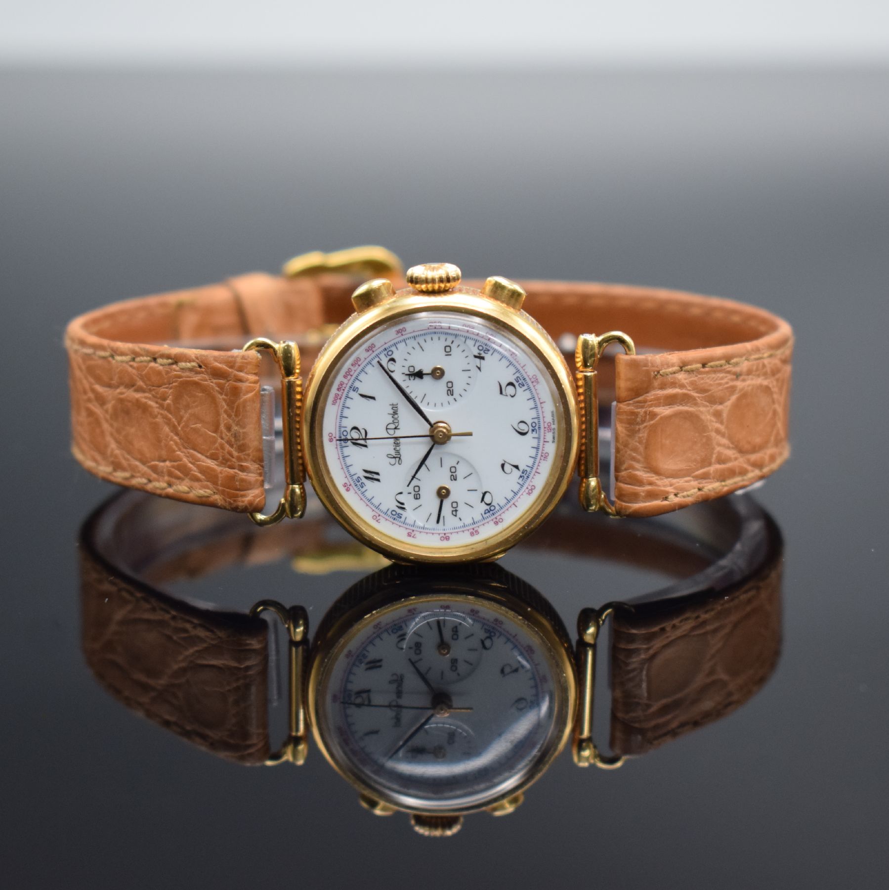 LUCIEN ROCHART Valjoux 69 auf 24 Stück limitierter Damenchronograph in GG 750/000, Schweiz um 2000, Handaufzug, Scharniergeh. m. bewegl. ...