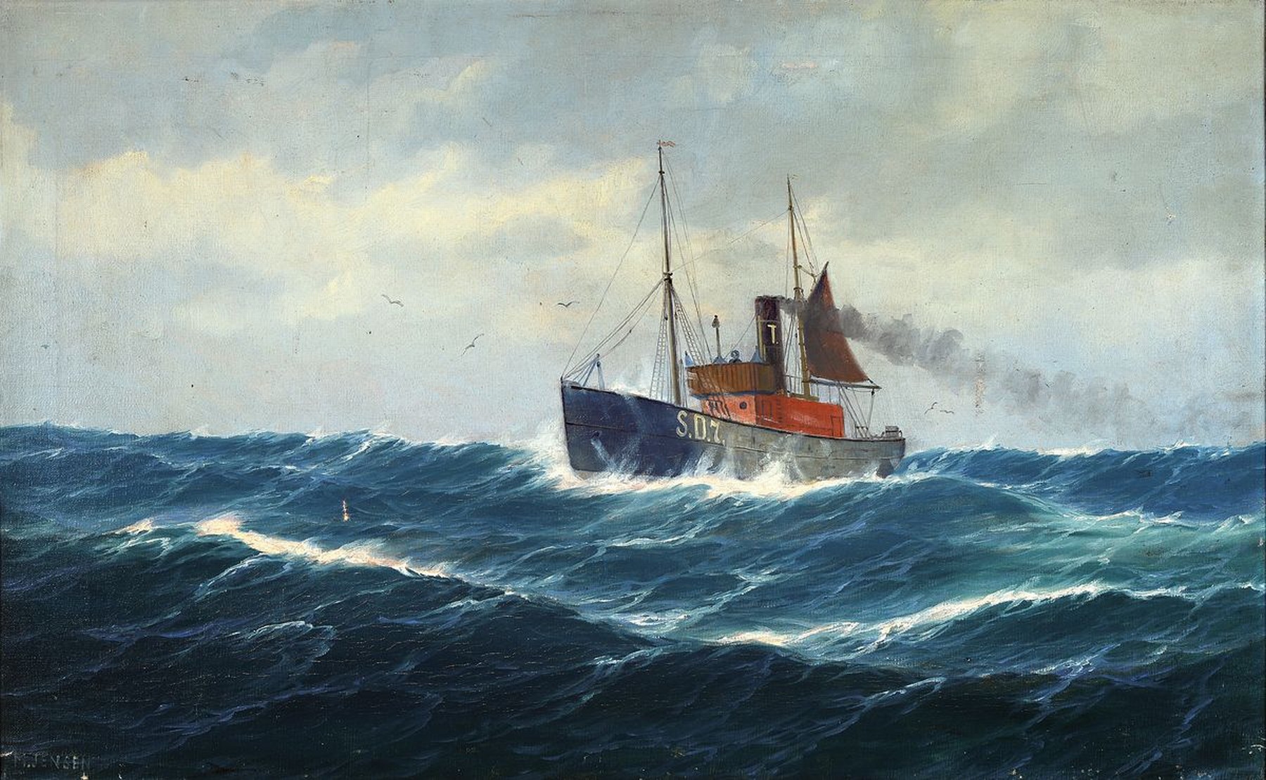 Max Jensen, geb. um 1887, Berliner Marinemaler, Dampfschiff auf hoher See, Öl/Lwd (sollte neu verspannt werden), links unten signiert, ca. 50x80cm, ...
