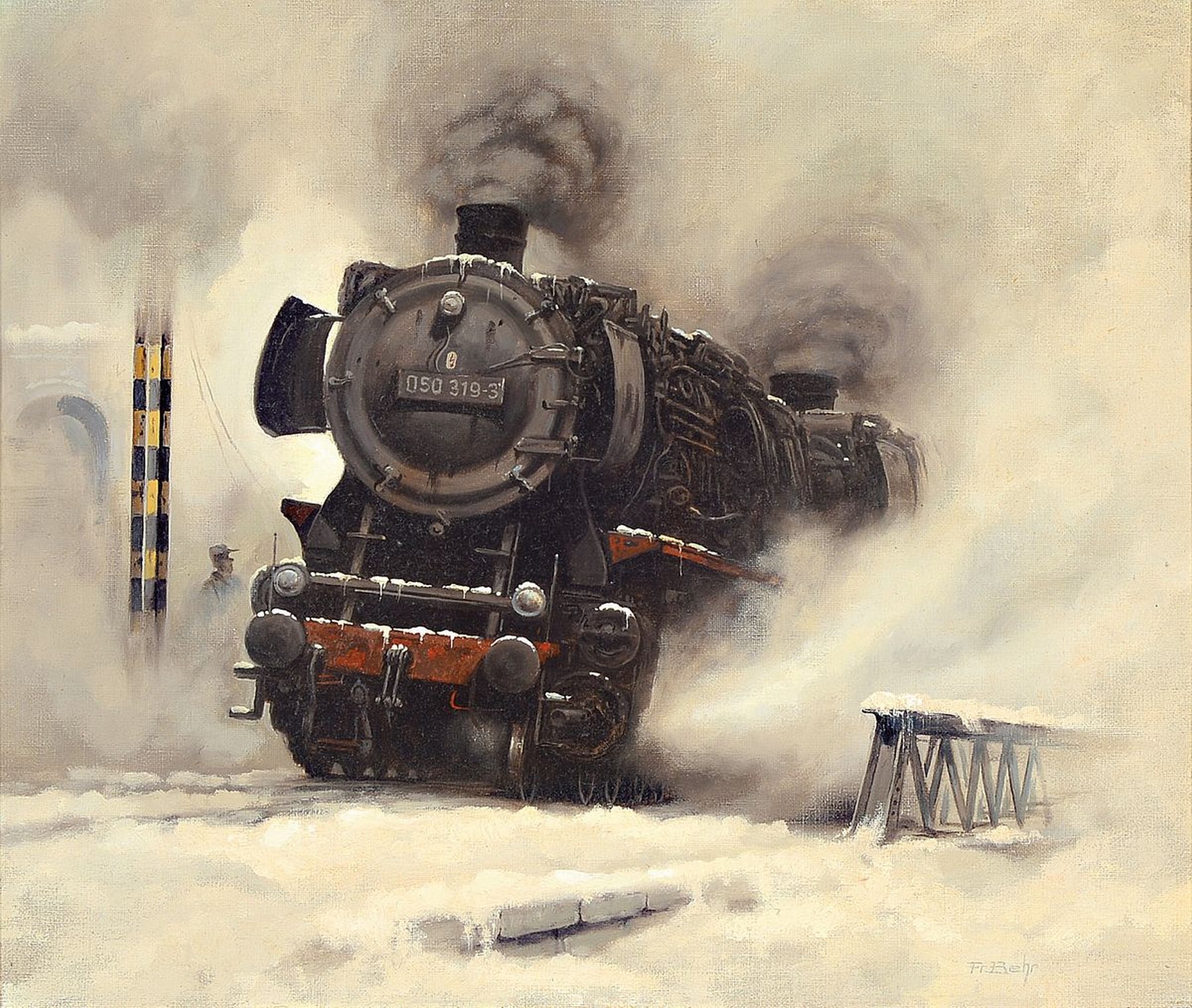 Fr. Behr, zeitgenössischer Traditionalist, Dampflokomotive im Schnee, Öl/Holz, rechts unten signiert, ca. 31x38cm, R. ca. 50x56cm