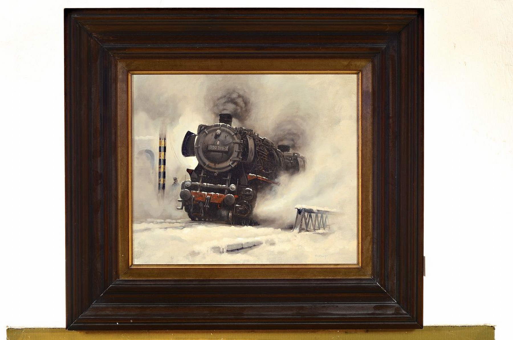 Detail k: Fr. Behr, zeitgenössischer Traditionalist, Dampflokomotive im Schnee, Öl/Holz, rechts unten signiert, ca. 31x38cm, R. ca. 50x56cm