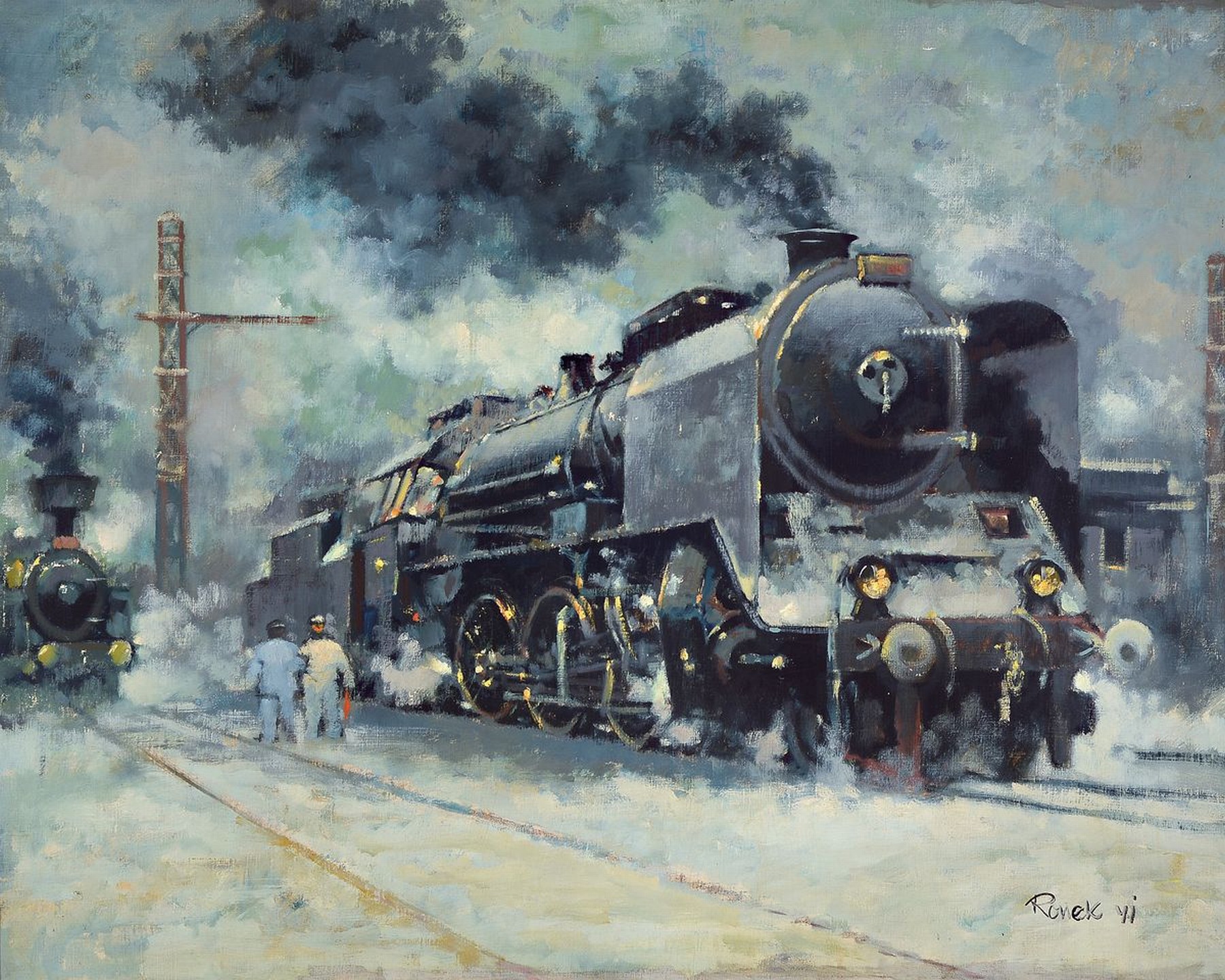 Jaroslav Ronek, 1892-1962, Dampflokomotive bei der Ausfahrt aus dem verschneiten Bahnhof, Öl/Lwd, rechts unten signiert und dat. 41, ca. 80x100cm, ...