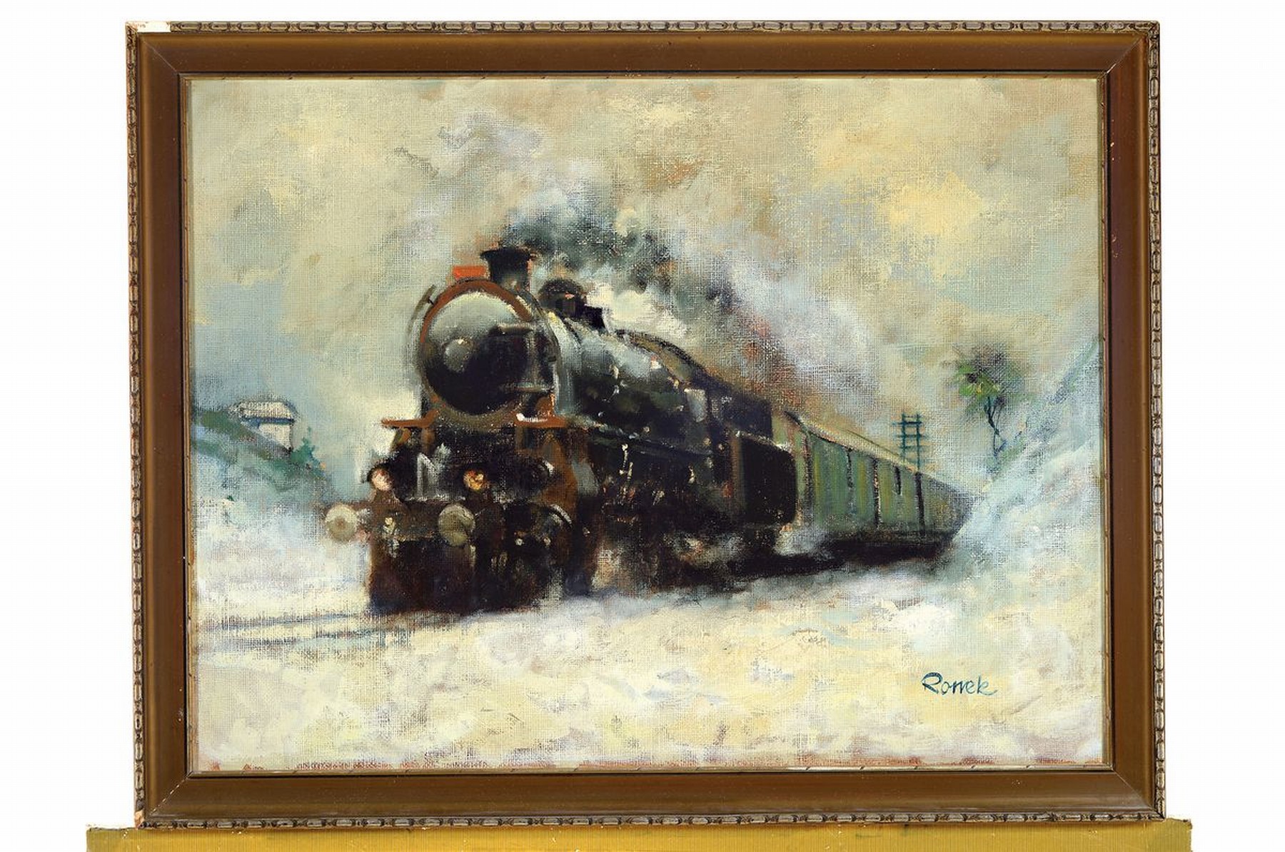 Detail k: Jaroslav Ronek, 1892-1962, Dampflokomotive in verschneiter Landschaft, Öl/Malkarton, rechts unten signiert, ca. 48x64cm, R. ca. 56x72cm, dieser ...