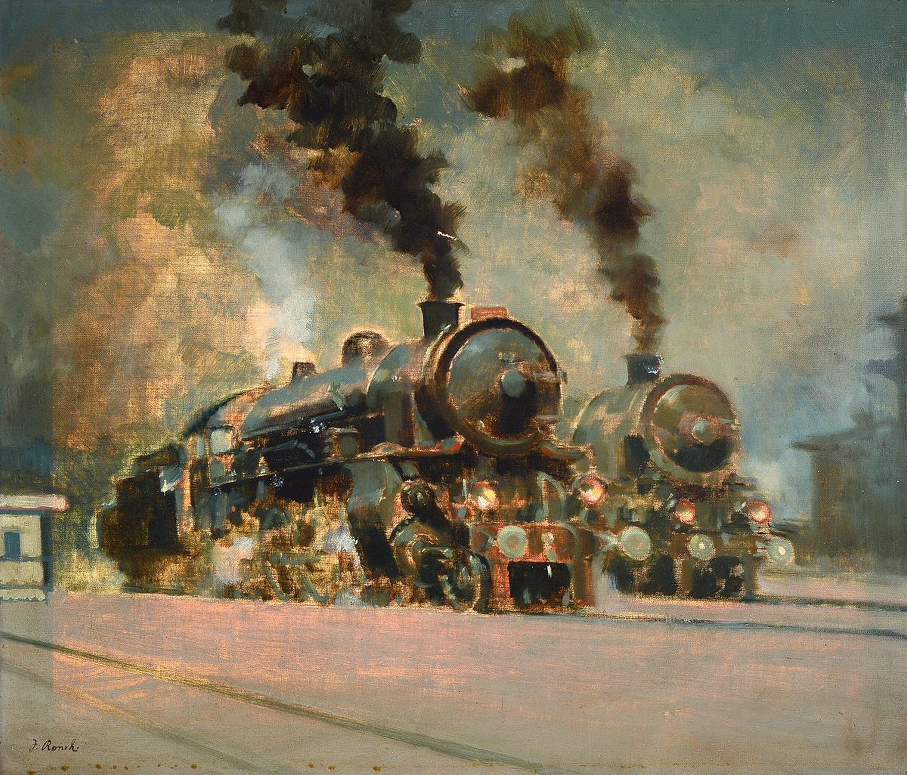 Jaroslav Ronek, 1892-1962, zwei Dampflokomotiven am Haltepunkt, Öl/Lwd, links unten signiert, ca. 60x70cm, R. ca. 72x82cm