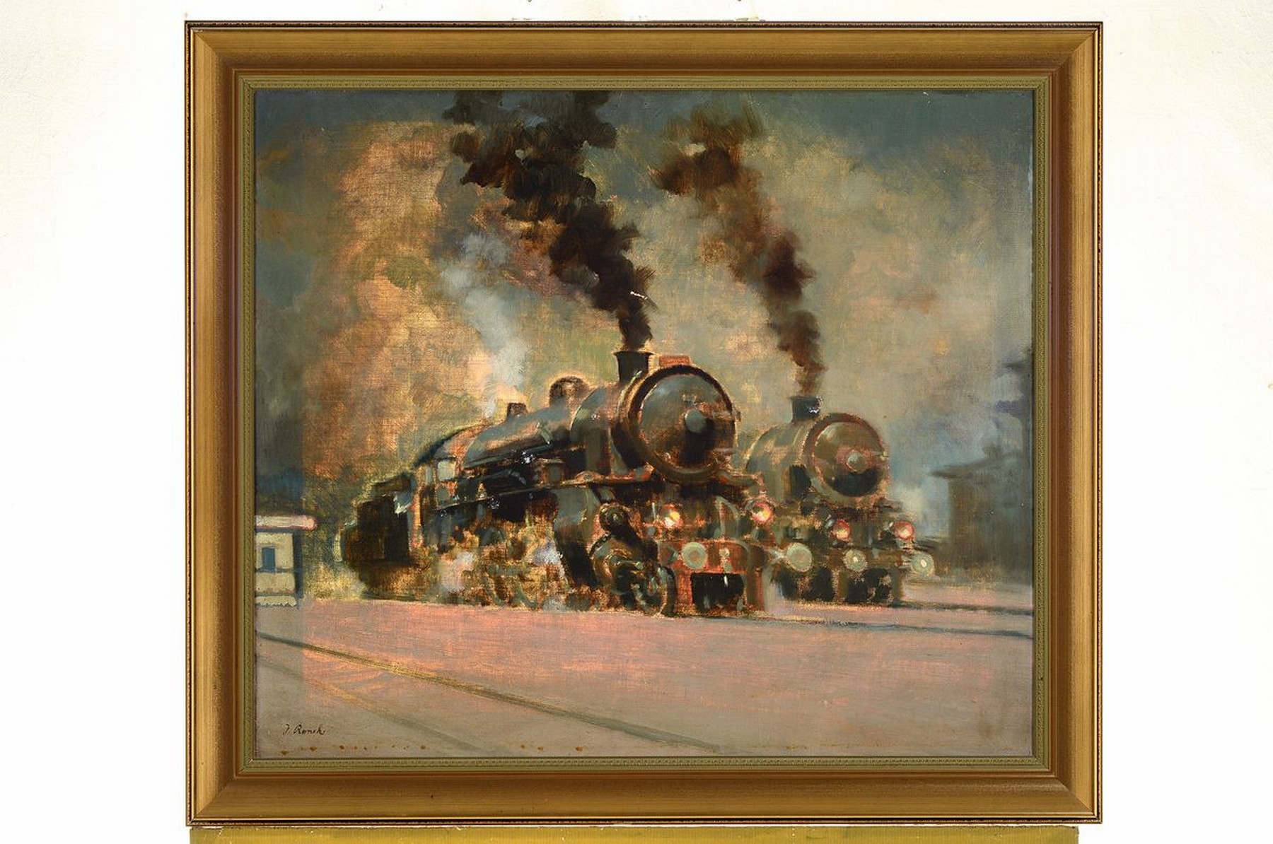 Detail k: Jaroslav Ronek, 1892-1962, zwei Dampflokomotiven am Haltepunkt, Öl/Lwd, links unten signiert, ca. 60x70cm, R. ca. 72x82cm