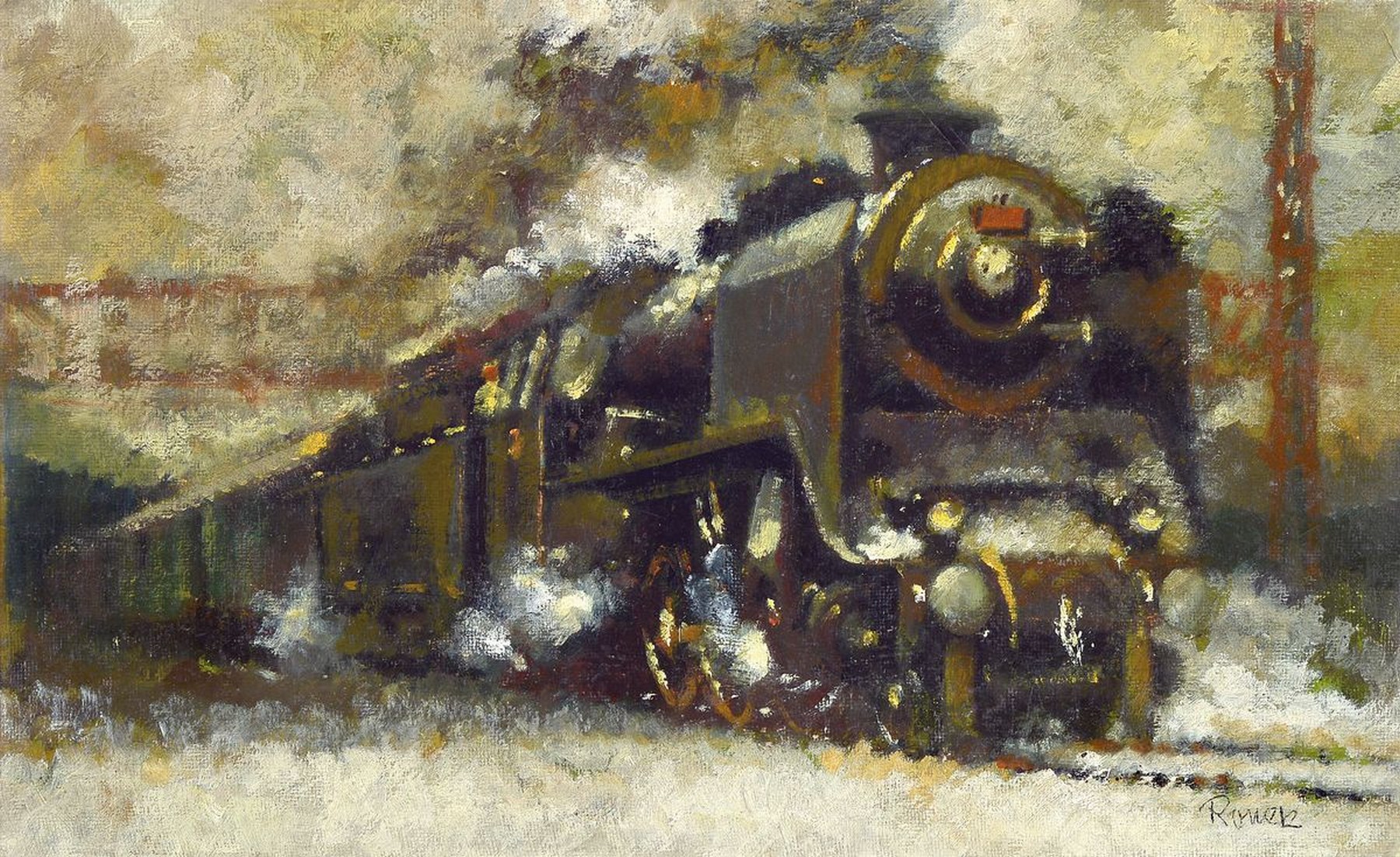 Jaroslav Ronek, 1892-1962, Zug mit Dampflokomotive im Schnee, Öl/Malkarton, rechts unten signiert, ca. 34x56cm, R. ca. 44x67cm