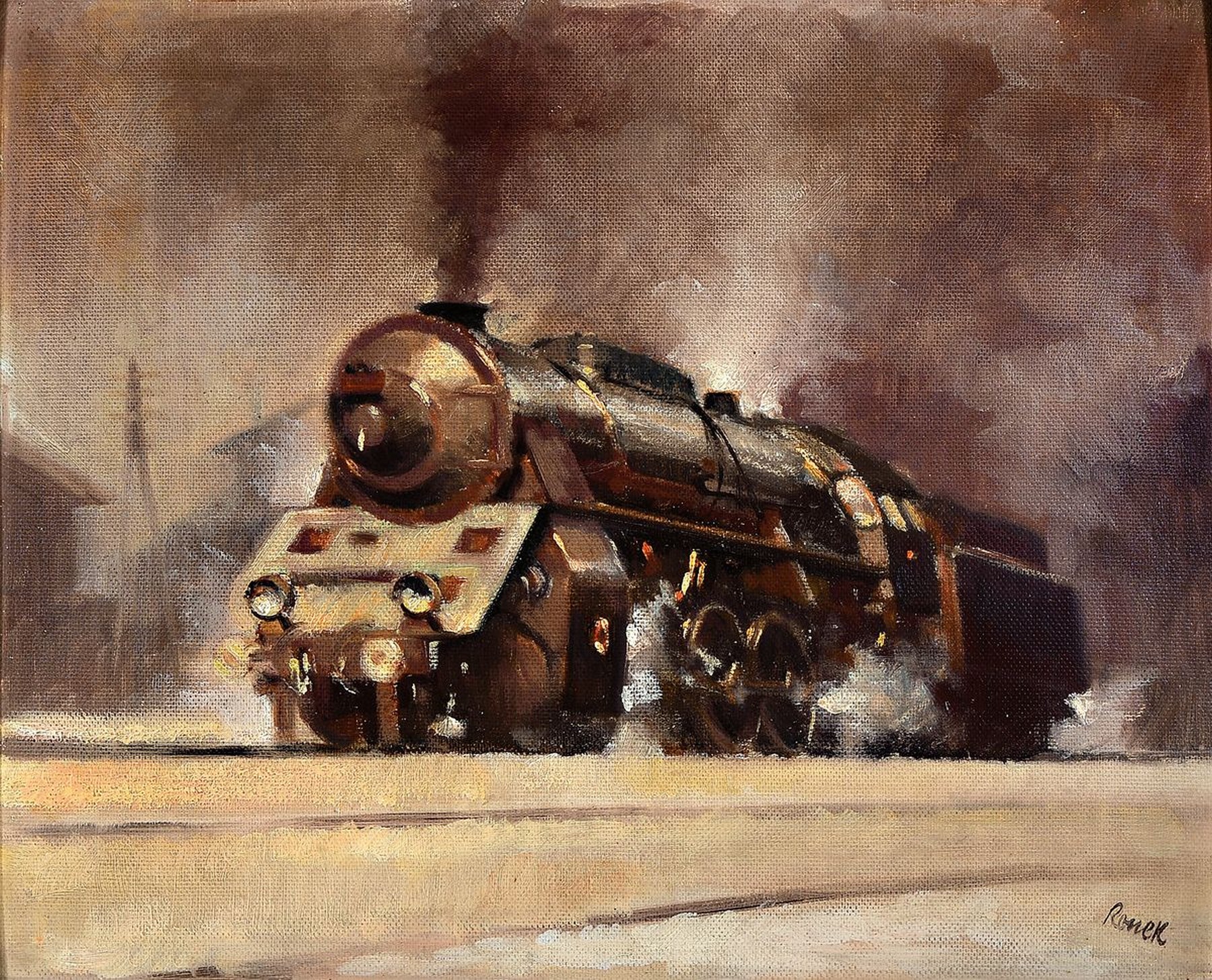 Jaroslav Ronek, 1892-1962, Lokomotive im Schnee, Öl/Malkarton, gewölbt, rechts unten signiert, ca. 38x46cm, R. ca. 49x57cm