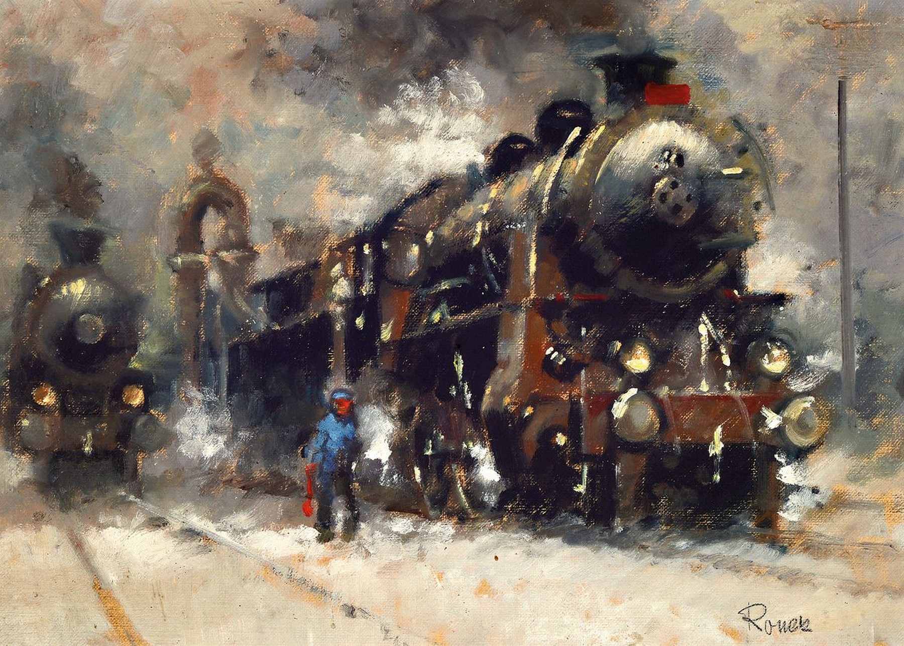 Jaroslav Ronek, 1892-1962, Dampflokomotive im Schnee, Öl/Malkarton, rechts unten signiert, ca. 33x47cm, R. ca. 40x54cm
