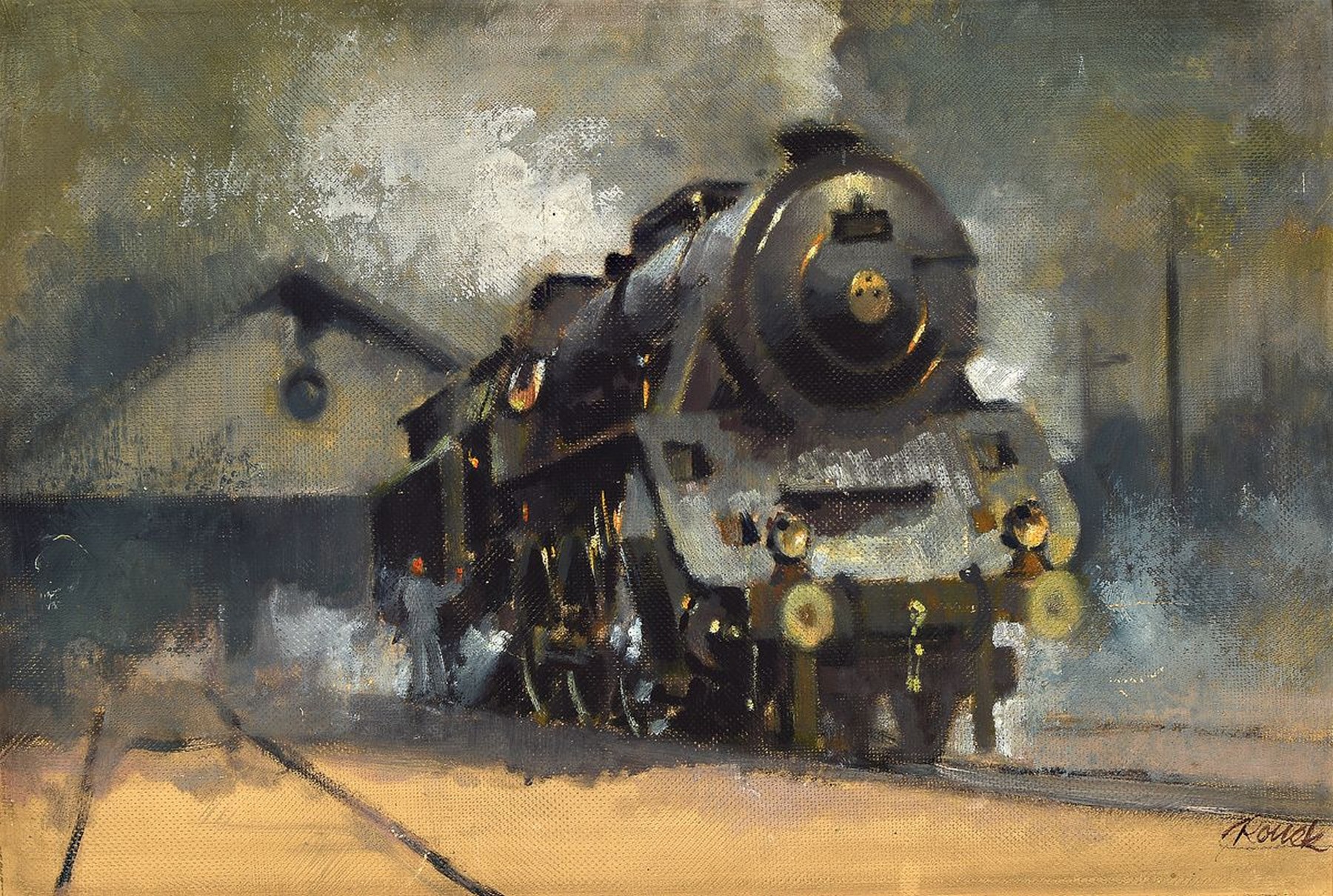 Jaroslav Ronek, 1892-1962, Dampflokomotive vor dem Lokschuppen, Öl/Malkarton, rechts unten signiert, ca. 35x50cm, R. ca. 41x57cm