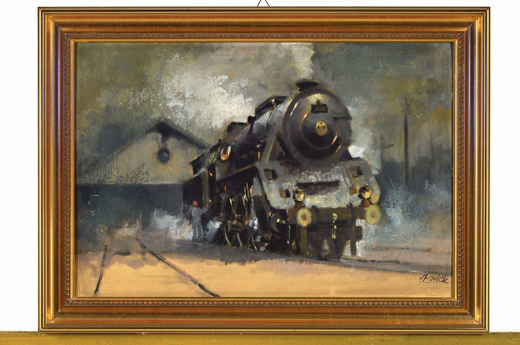 Detail k: Jaroslav Ronek, 1892-1962, Dampflokomotive vor dem Lokschuppen, Öl/Malkarton, rechts unten signiert, ca. 35x50cm, R. ca. 41x57cm