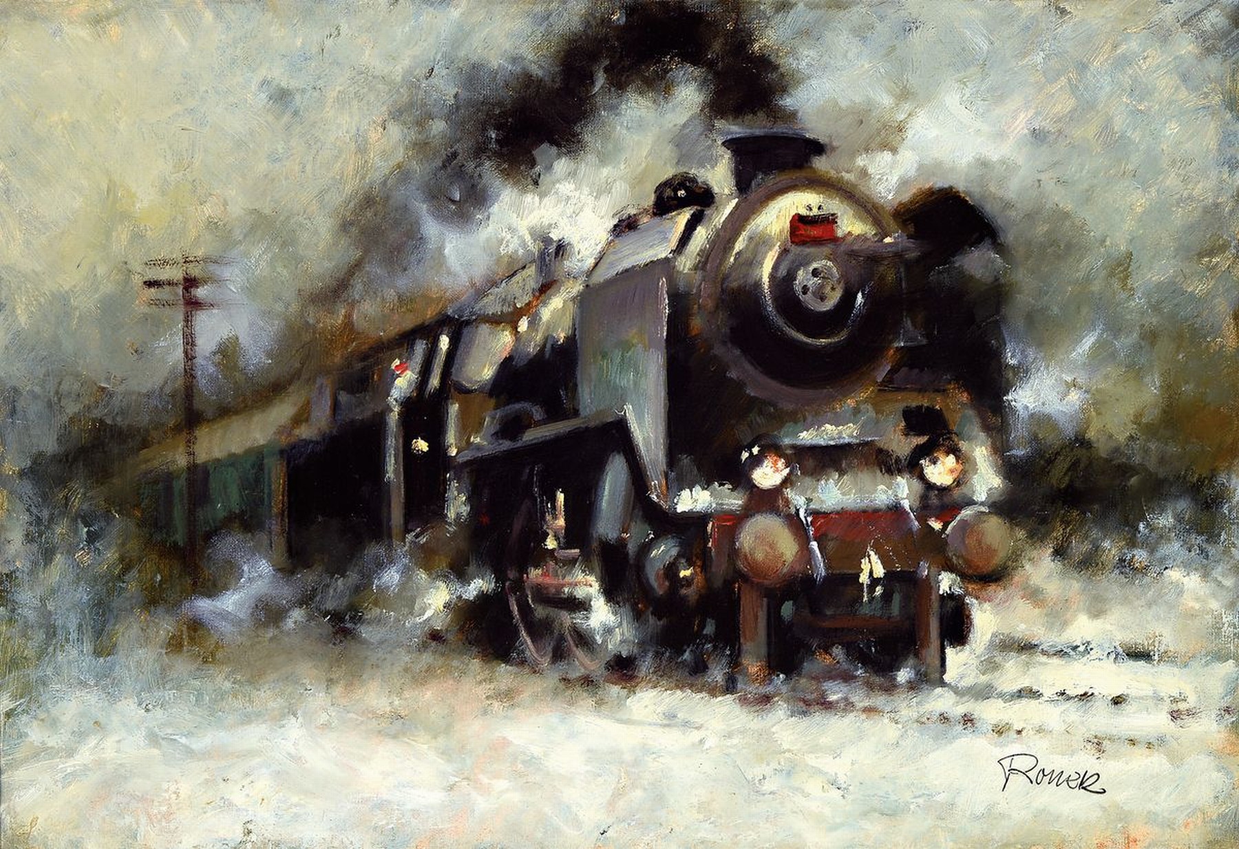 Jaroslav Ronek, 1892-1962, Dampflokomotive im Schnee, Öl/Malkarton, rechts unten sign., ca. 345x49cm, R. ca. 40.5x56cm