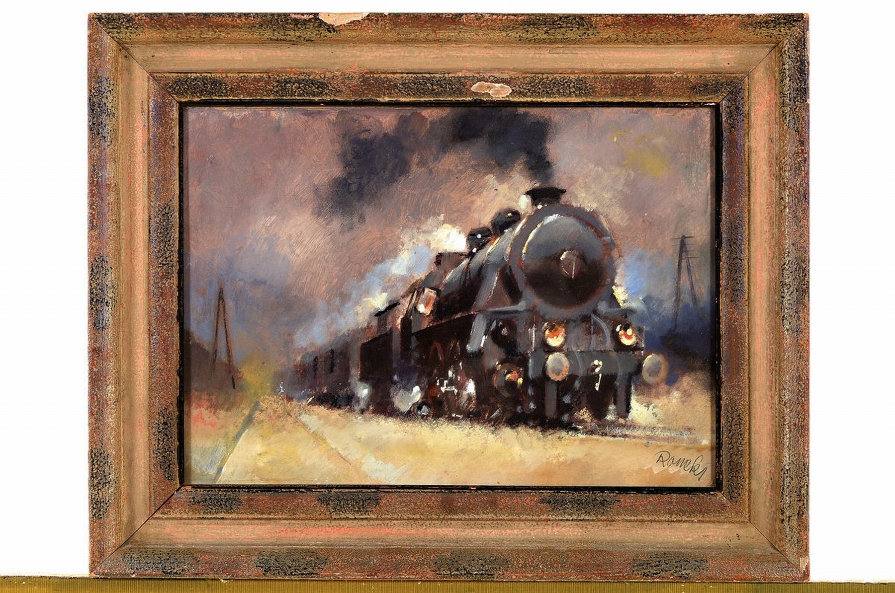Detail k: Jaroslav Ronek, 1892-1962, Dampflokomotive, Öl/Malkarton, rechts unten signiert, ca. 24x34cm, u.Gl., R. ca. 36x46cm